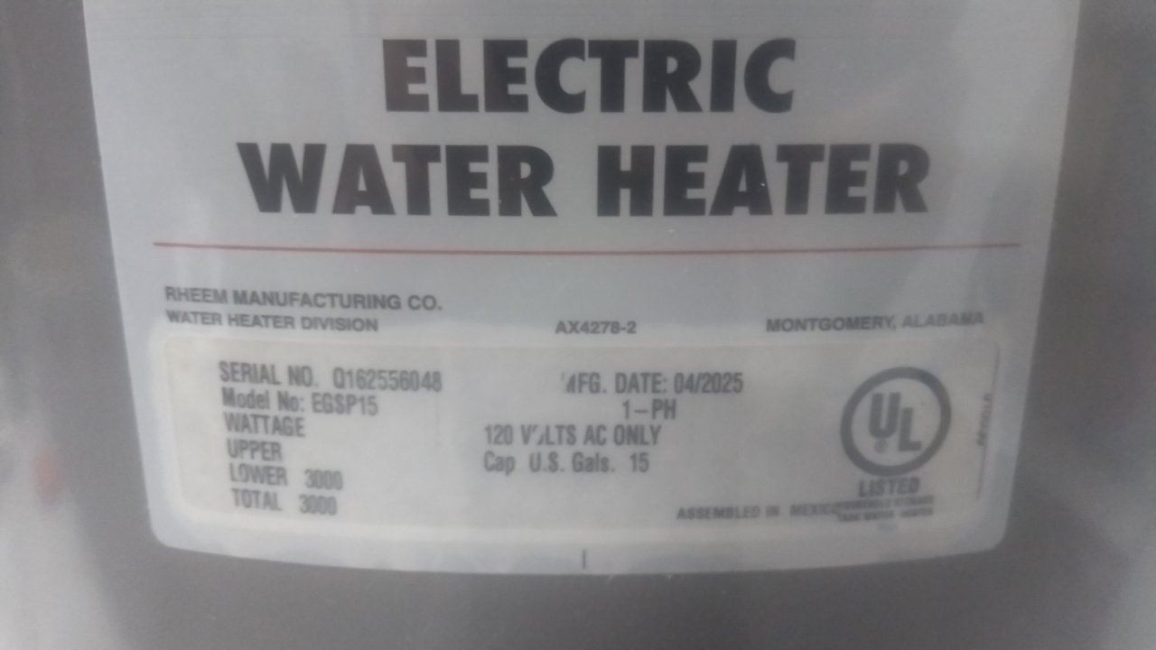 Rheem EGSP15 15 Gal Tank Capacity 120VAC 3000W Electric Water Heater
