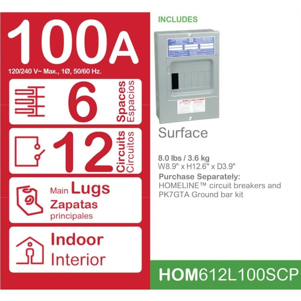 100 Amp Indoor Main Lug Load Center 6 Space 12 Circuit Electrical Sub-Panel Box