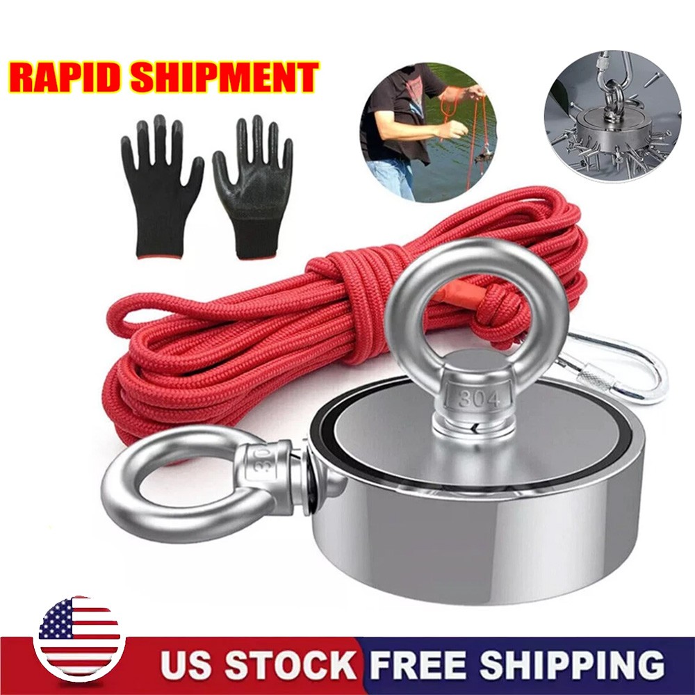 2000 LBS Strong Fishing Magnet Kit Double-Sided Pull Force and Rope Carabiner US