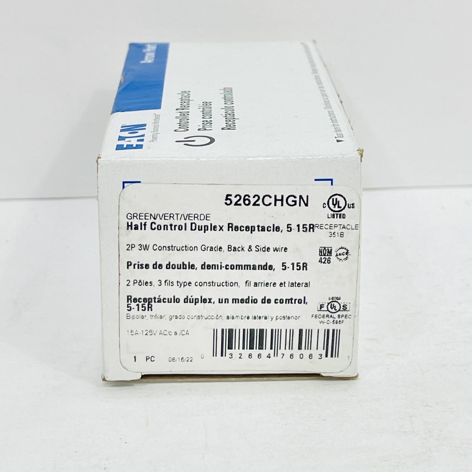 Eaton 5262CHGN 15A Half Control Duplex Receptacle 5-15R 2P 3W Green ~NEW~