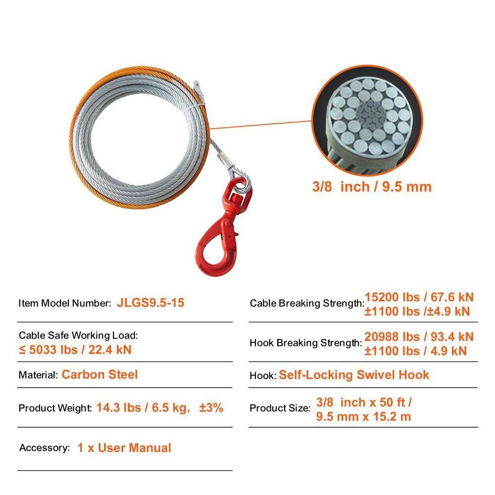 Galvanized Steel Winch Cable, 3/8 In. X 50 Feet 15,200 Lbs. Breaking Strength, W
