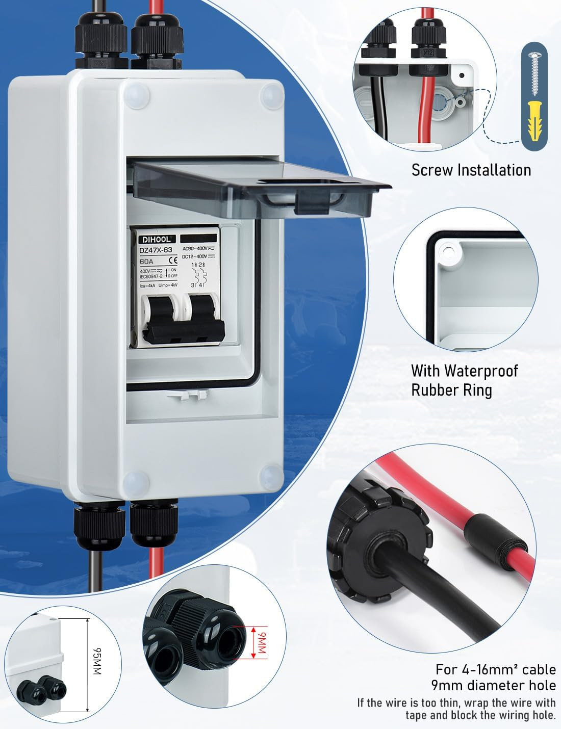 IP65 Solar DC AC Circuit Breaker 60A 2 Pole PV Disconnect Switch Box