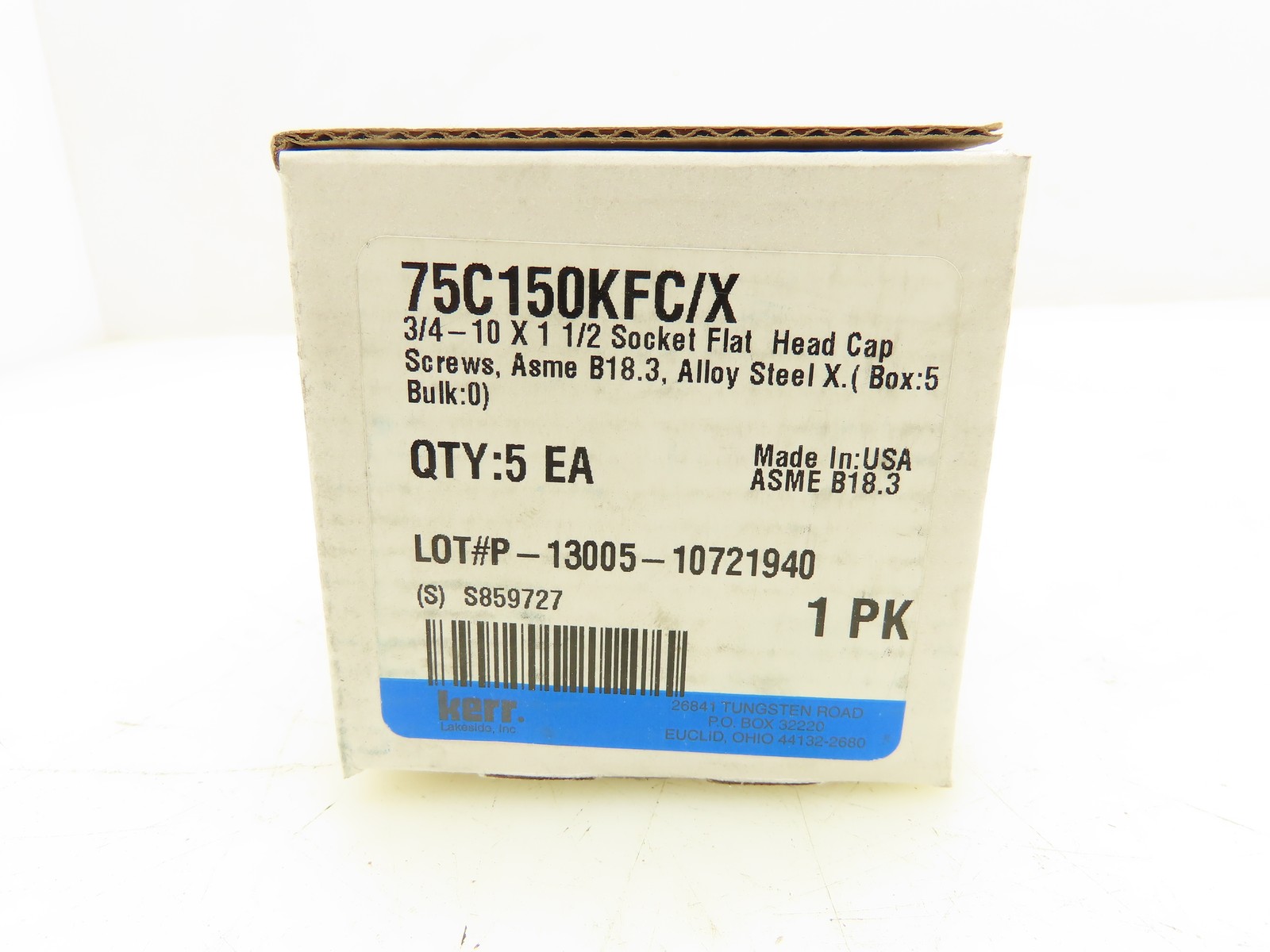 Kerr 75C150KFC/X Flat Head Socket Cap Screw 3/4″-10×1-1/2″ ASME B18.3 Lot OF 30