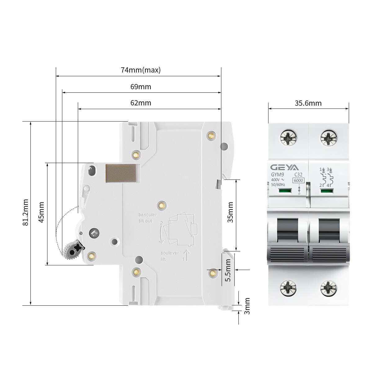 GEYA AC Mini Circuit Breaker MCB 2P 6/10/16/25/32/40/50/63A 6kA C Curves Switch