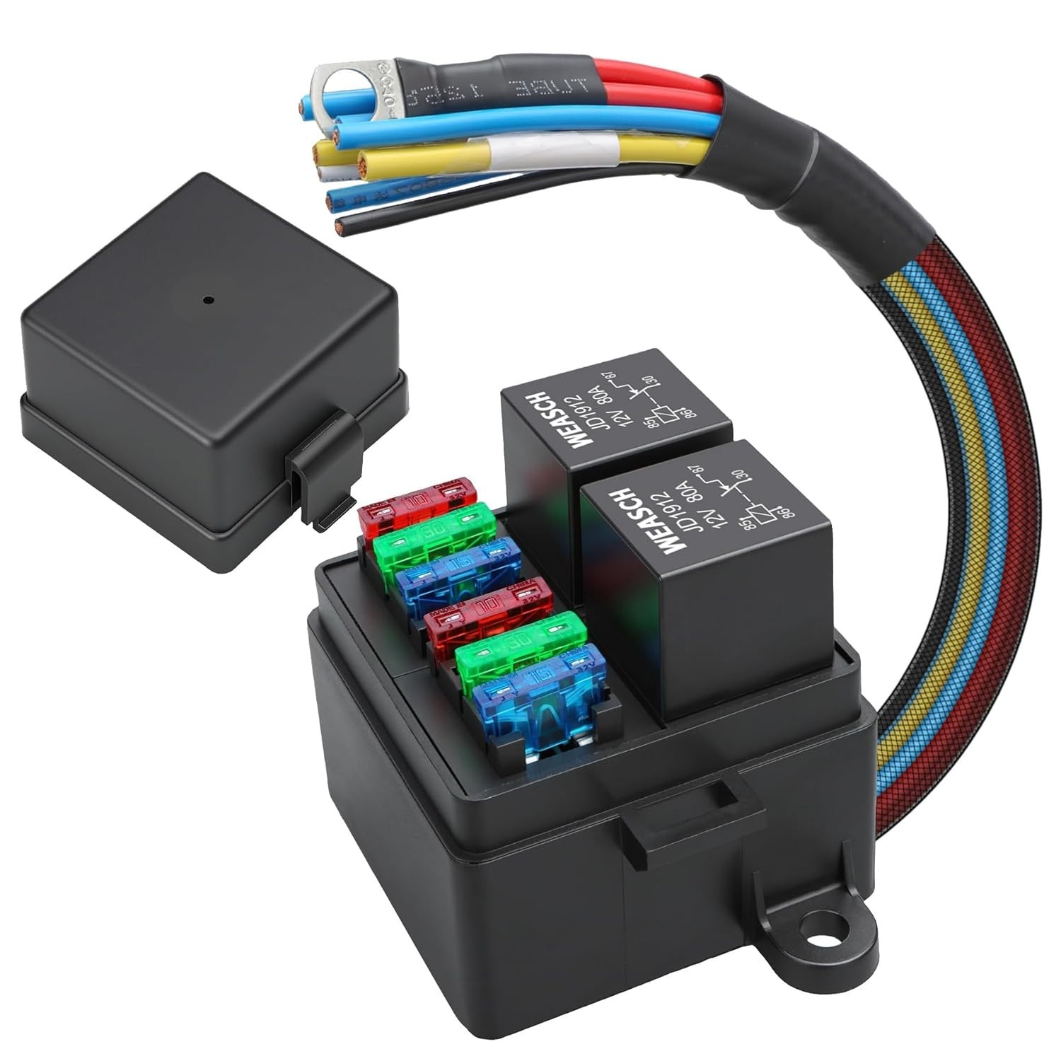 12V Pre-Wired Fuse Relay Box, 4-Pin 80A Relay Block and Kit, 2 Relays and 6 ATC/
