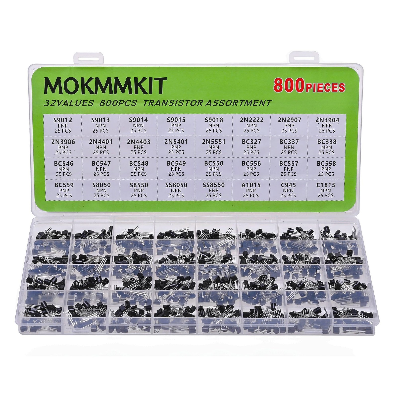 32 Values 800 Pieces Transistor Assortment Kit 2N2222 2N2907 2N3904