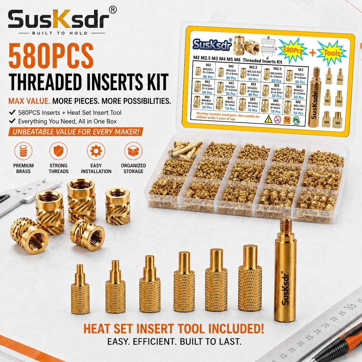 580+7PCS Heat Set Threaded Inserts Kit, M2, M2.5, M3, M4, M5, M6, brass color