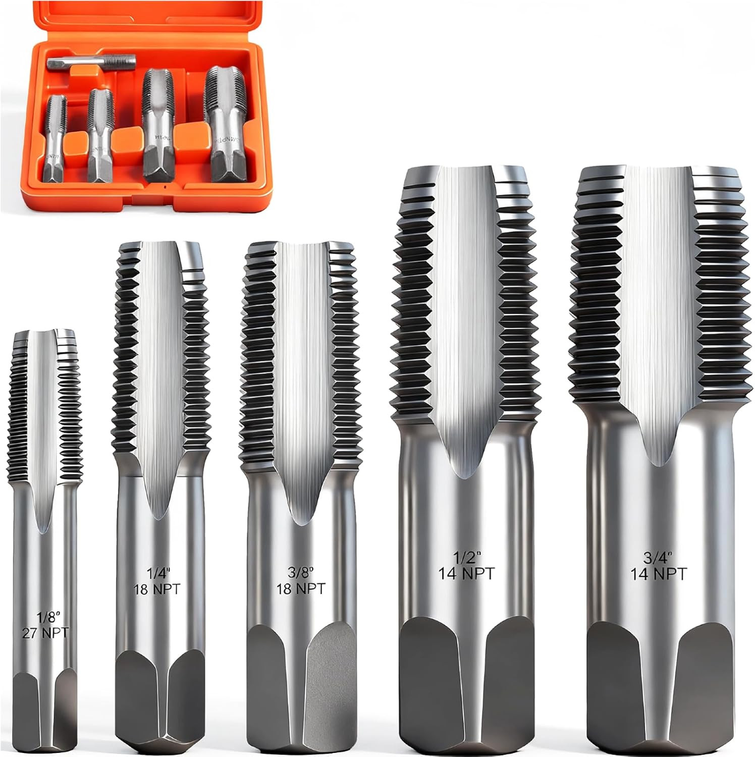5-Piece NPT Pipe Tap Kit with Heavy-Duty Storage Case, 1/8″–3/4″ Tapered Taps
