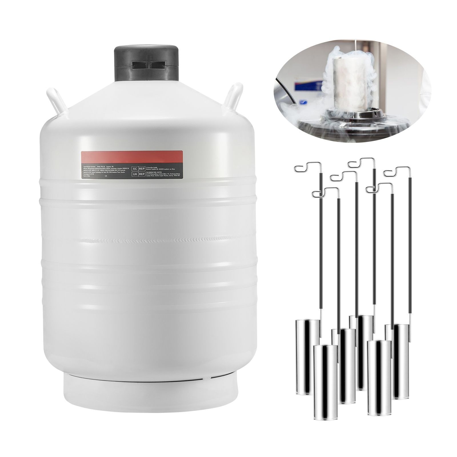 30L Vacuum Insulated Aluminum LN2 Dewar w/6 Canisters & Carry Bag