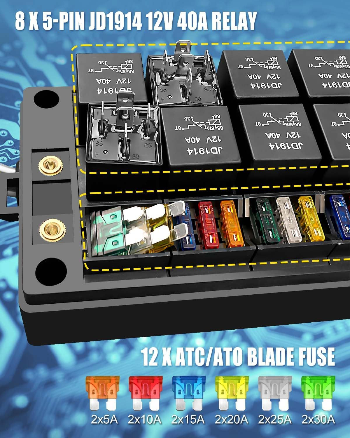 Pre-Wired Fuse Relay Box Waterproof, 8 5-Pin JD1914 Relay Slots and 12 ATC ATO F