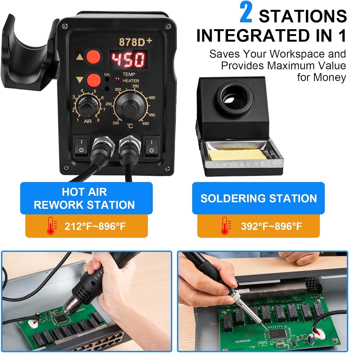 2-in-1 Soldering & Hot Air Rework Station, Dual Control