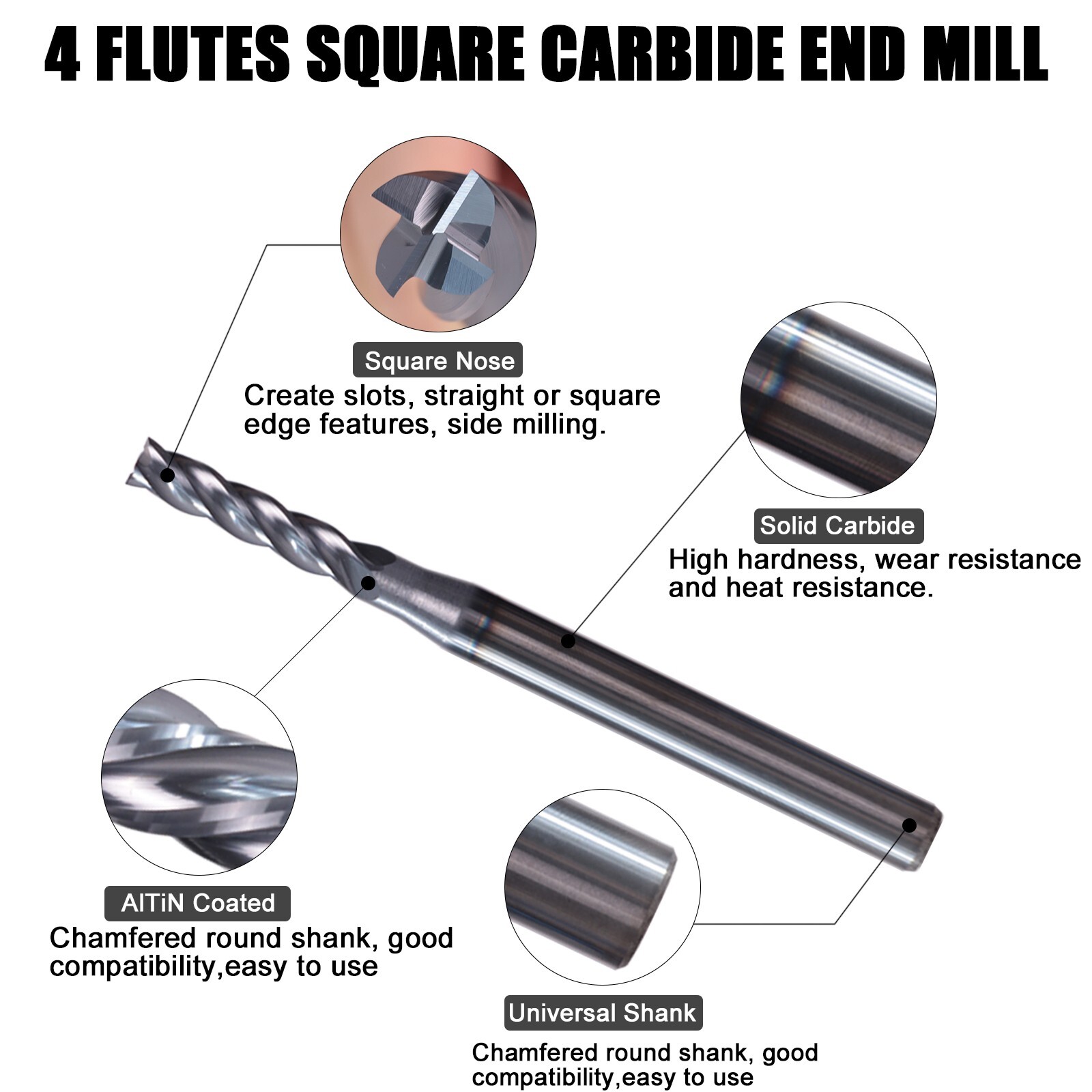 5 PCS 5/32″ 4 Flute 2″ Overall Length Solid Carbide End Mill AlTiN Coated