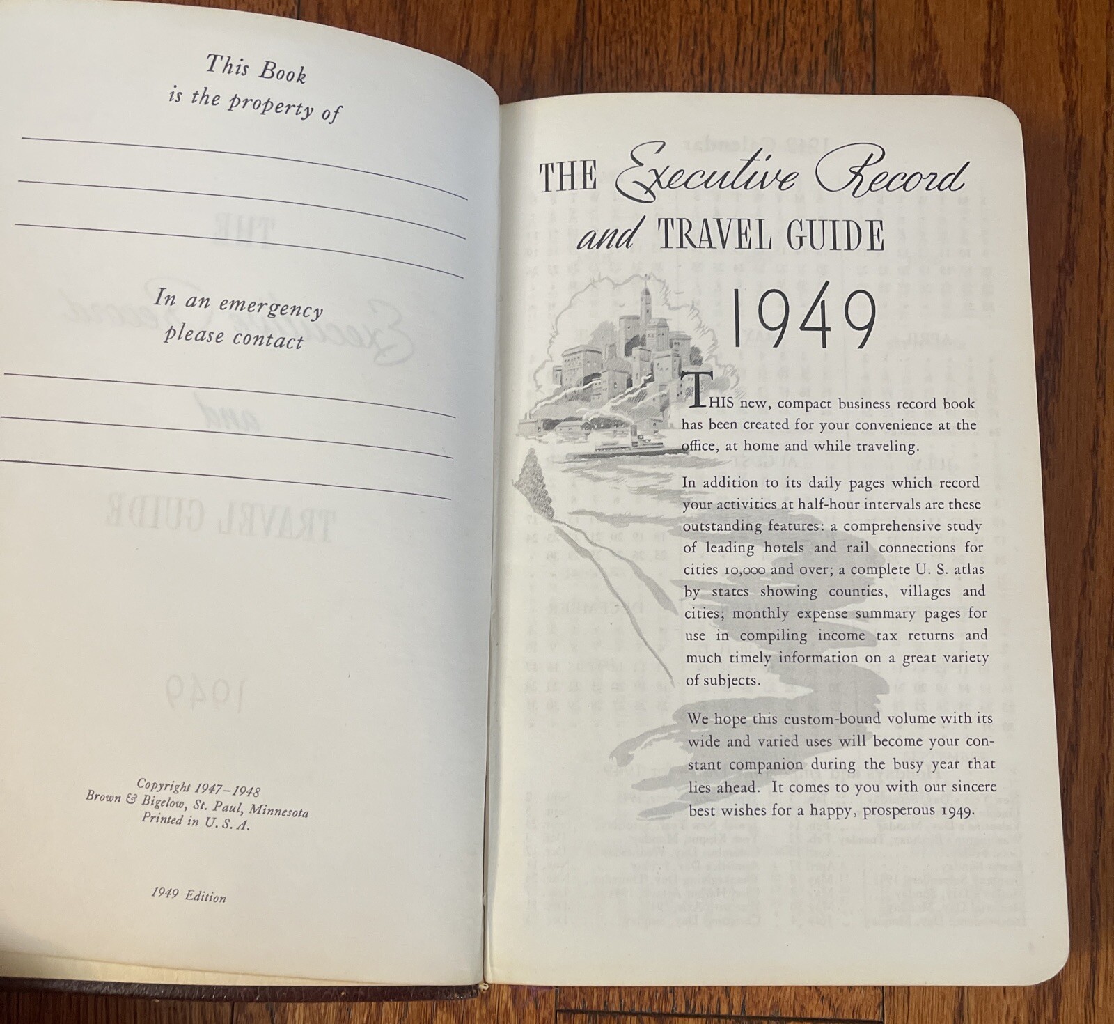 1949 THE EXECUTIVE RECORD AND TRAVEL GUIDE Brown & Bigelow DAY PLANNER New York