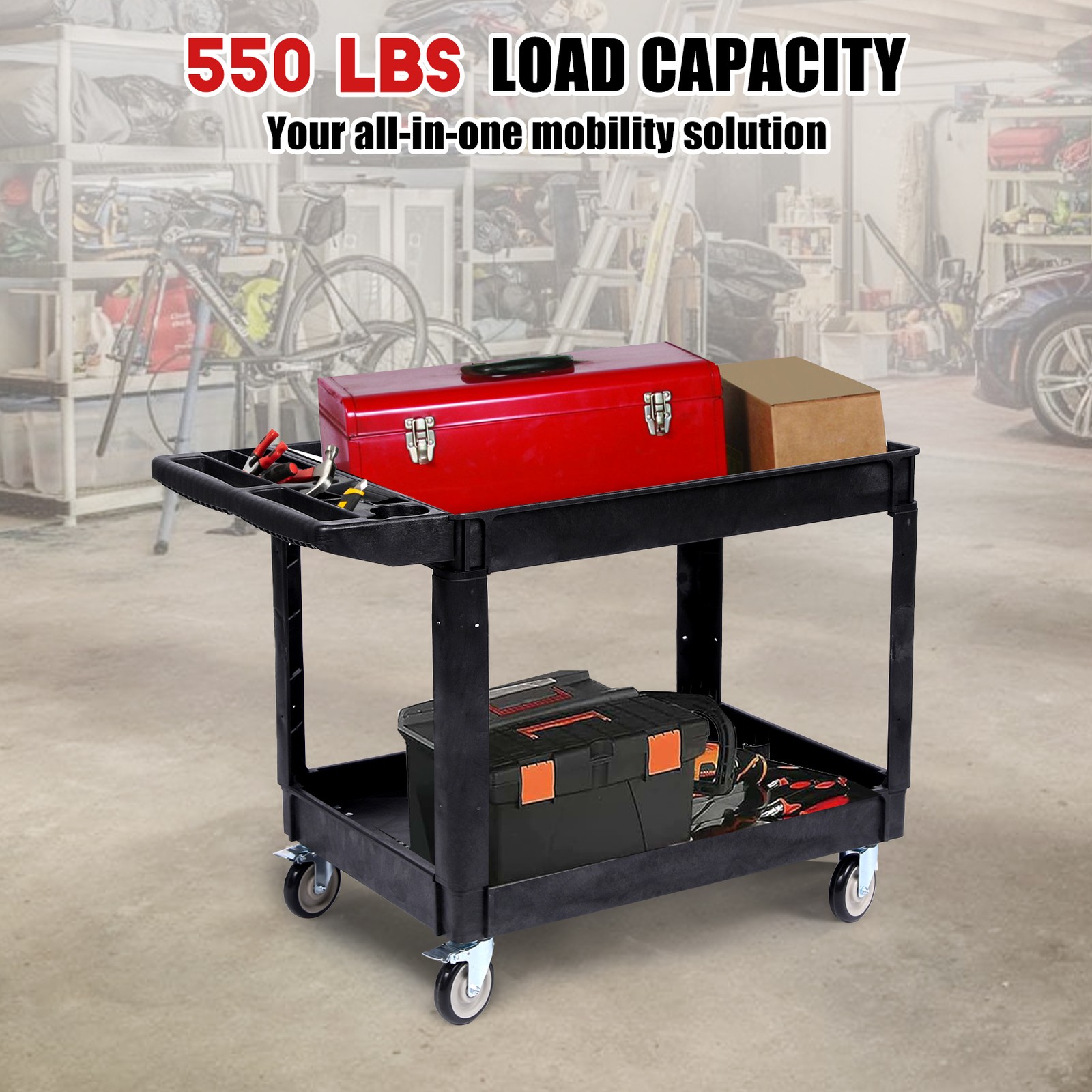 Rolling Utility Cart 2 Shelf 550 lb Capacity Service Cart with Locking Casters