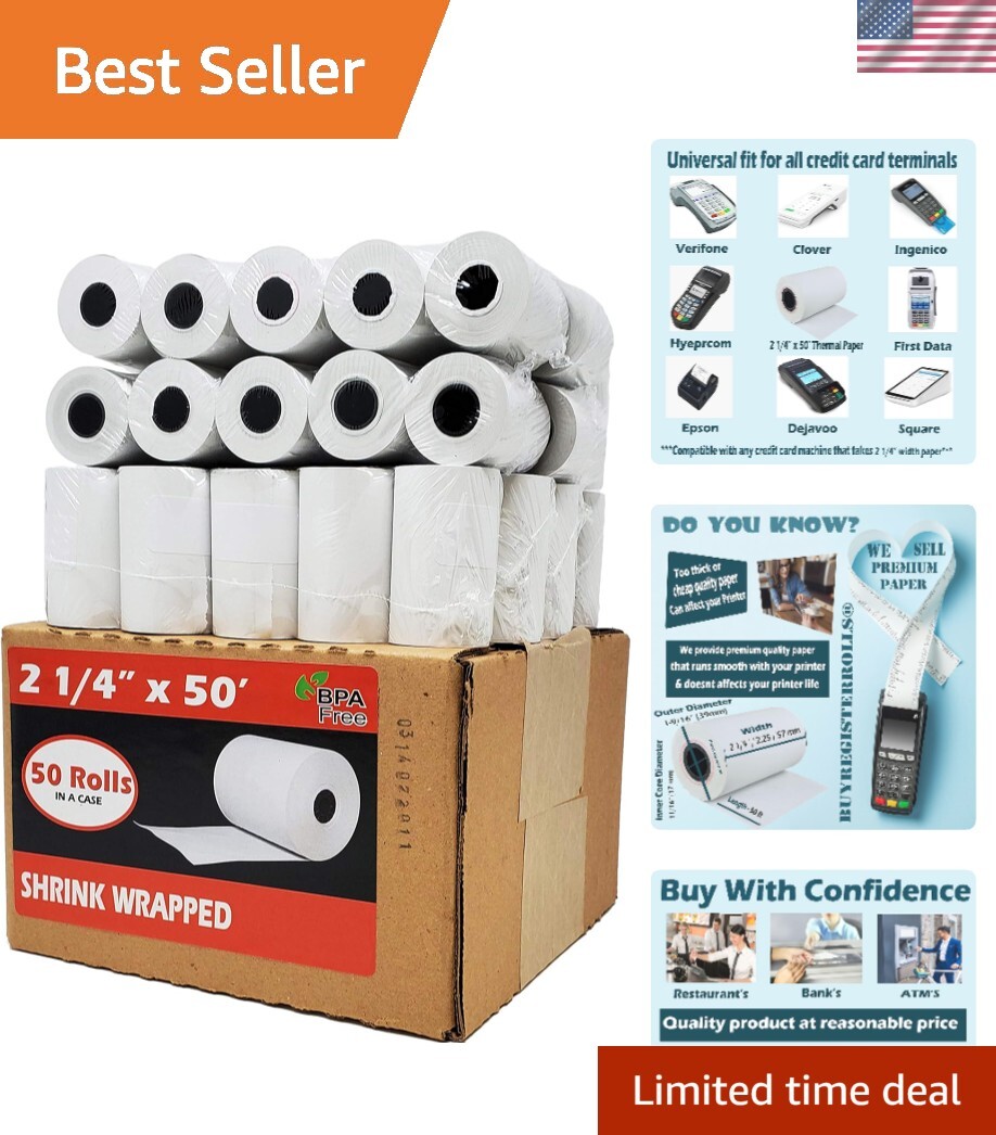 Thermal Paper Rolls – 50 Pack 2 1/4″ x 50′ BPA Free, Recyclable & Glossy Finish