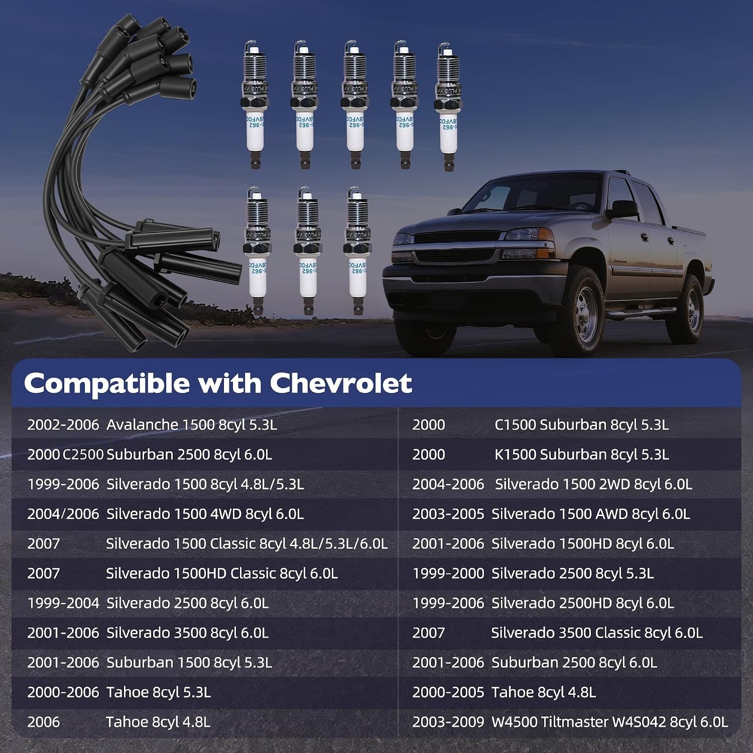 8pcs Tune Up Kit 9748HH 41-962 Spark Plugs & Wires for Chevy GMC V8 4.8 5.3 6.0