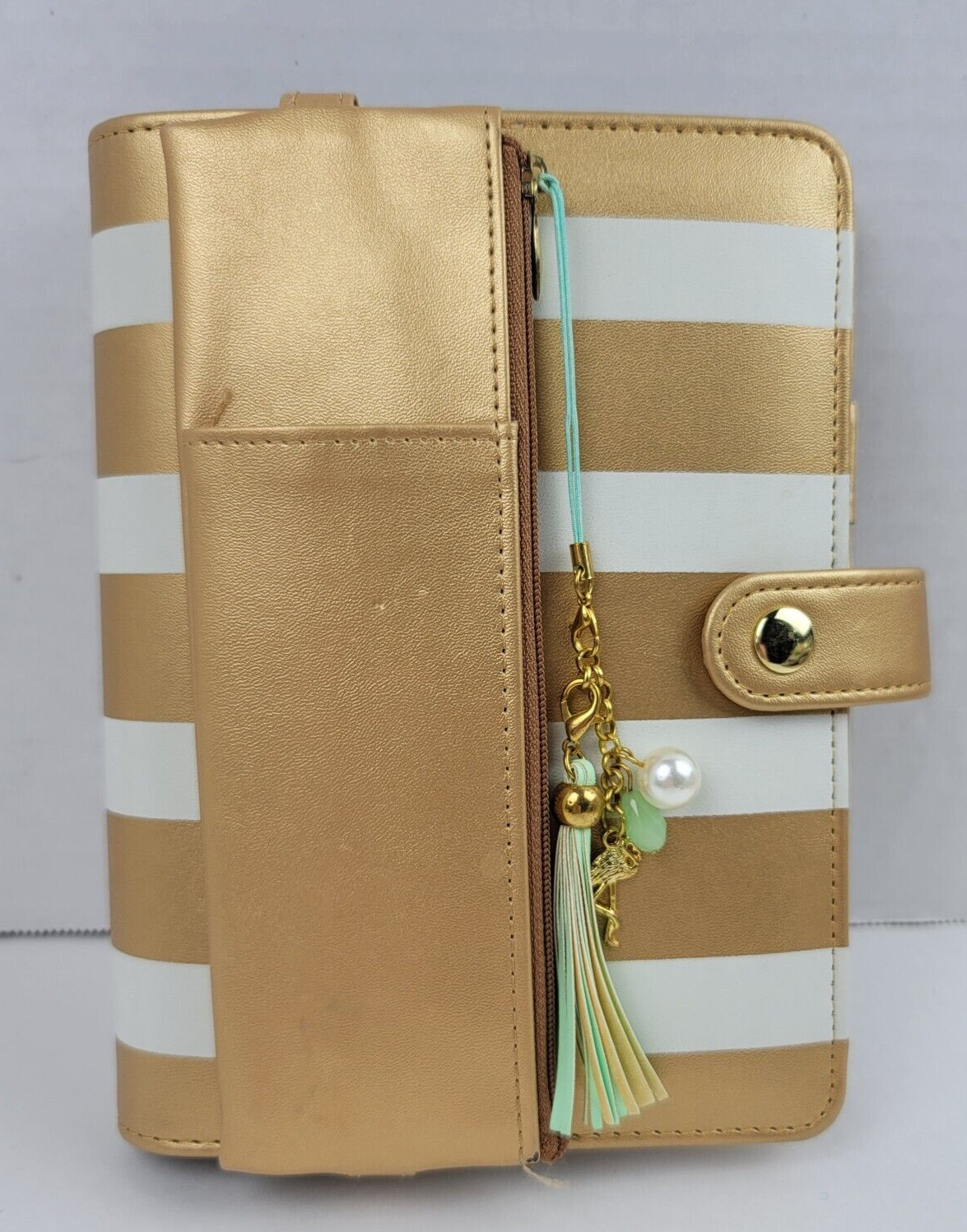 Metallic Gold White Stripe Snap Planner Pencil Pouch Stork Tassel Tabs Pages 6×8
