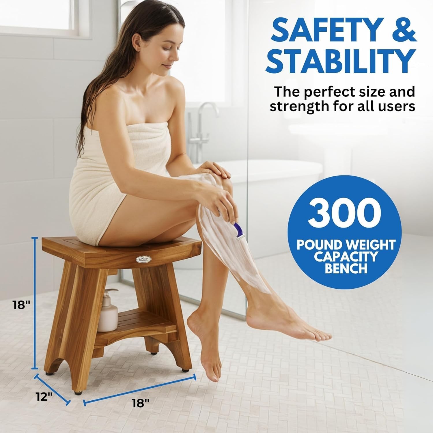 EcoDecors Teak Shower Bench 18″ 300 lb Capacity Waterproof Bath Seat with Shelf
