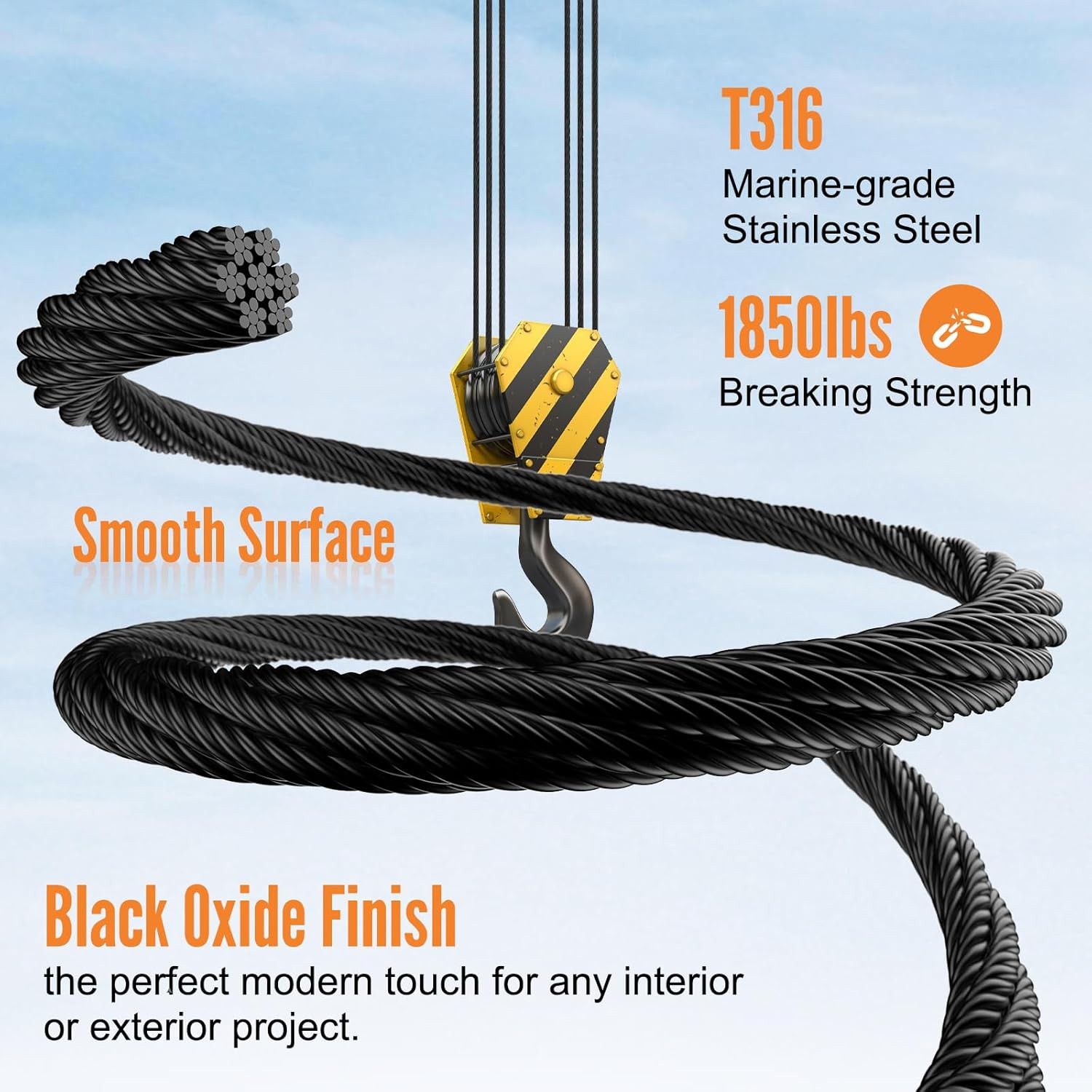 1200FT 1/8″ Black Stainless Steel Cable, T316 Marine Grade, Stainless Steel Wire