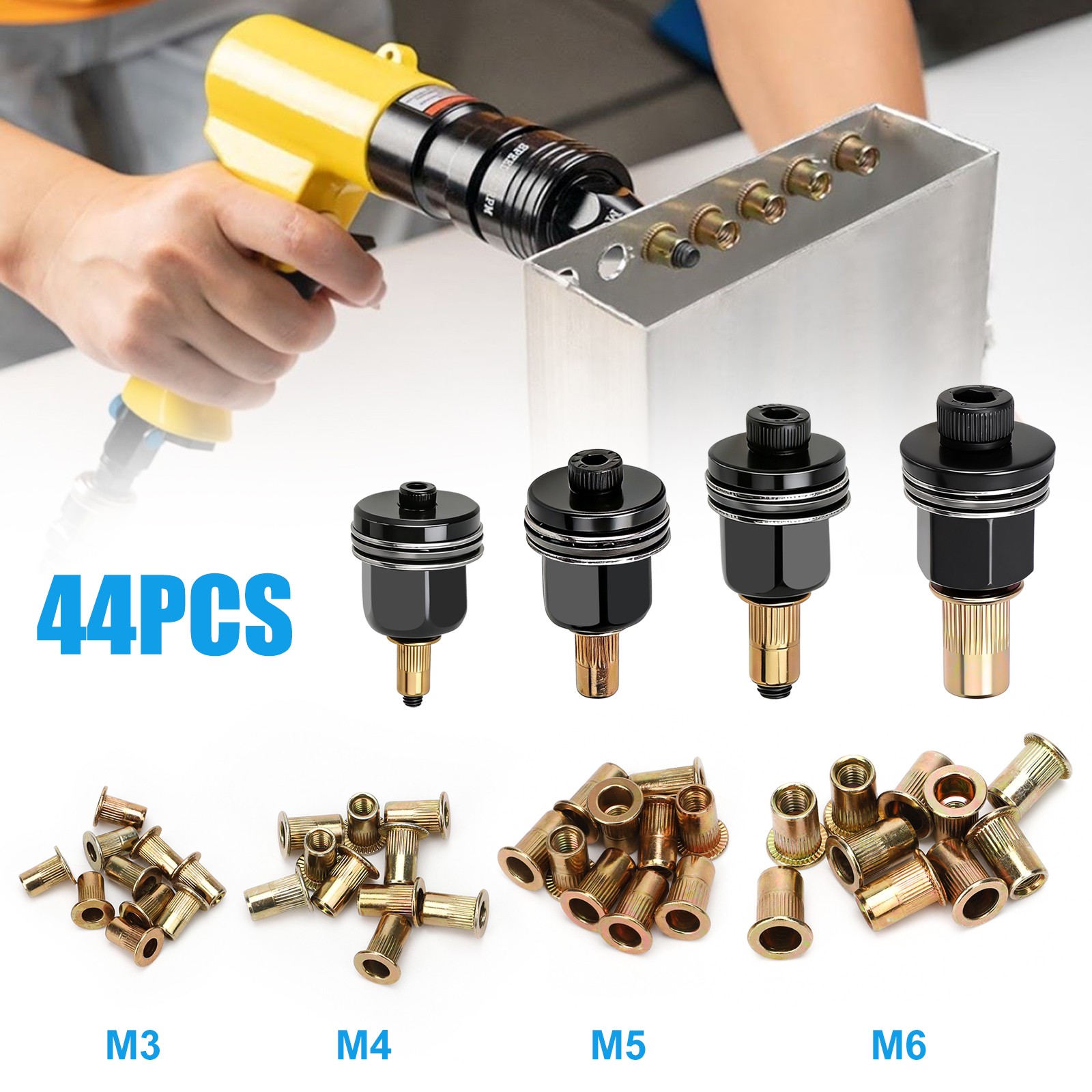 44pcs Manual Rivet Nut Tool Kit M3-M6 Carbon Steel Nutsert Riveting Adapter Set