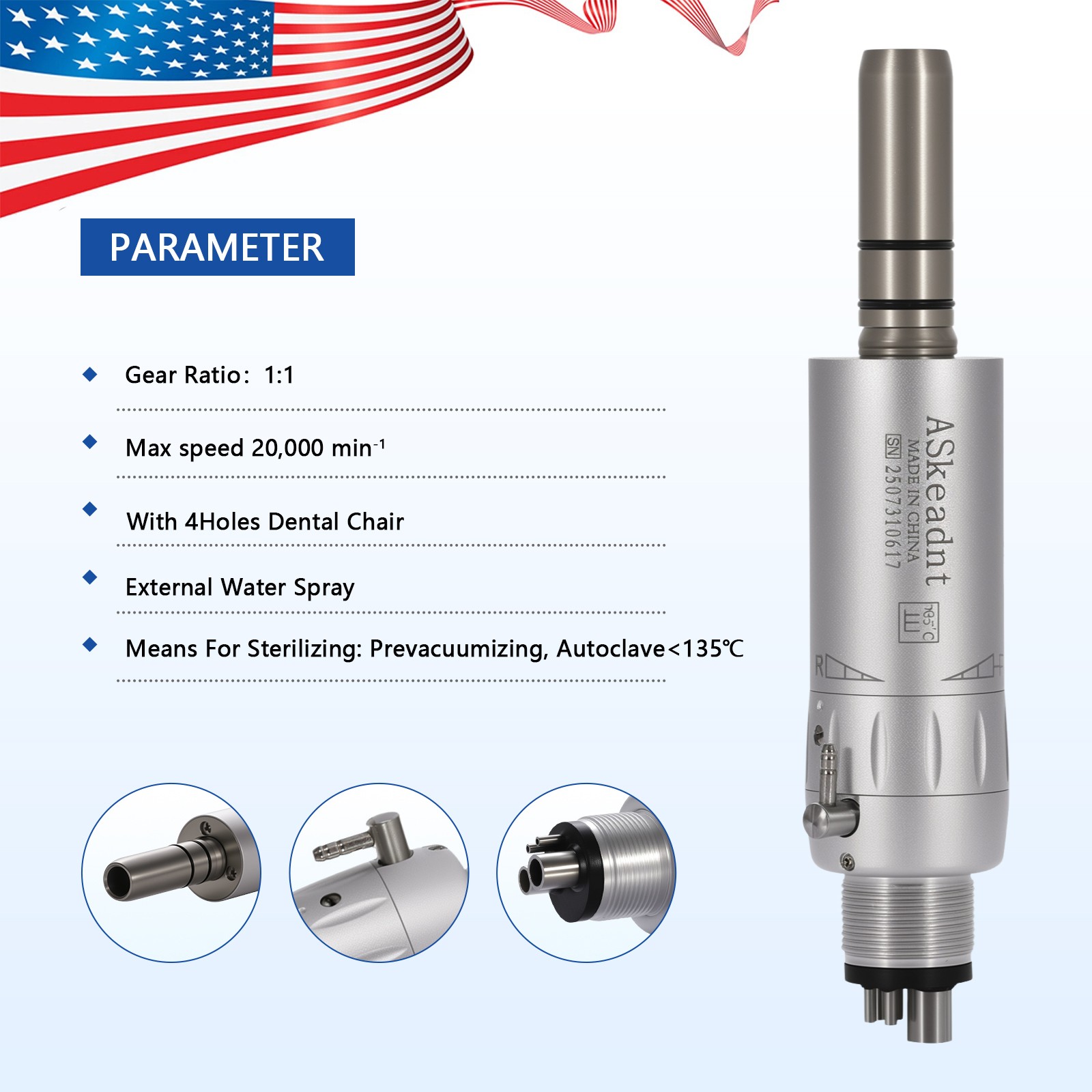 5X ASkeadnt Dental Slow Low Speed Handpiece Air Motor E-type 4 Holes AS Y