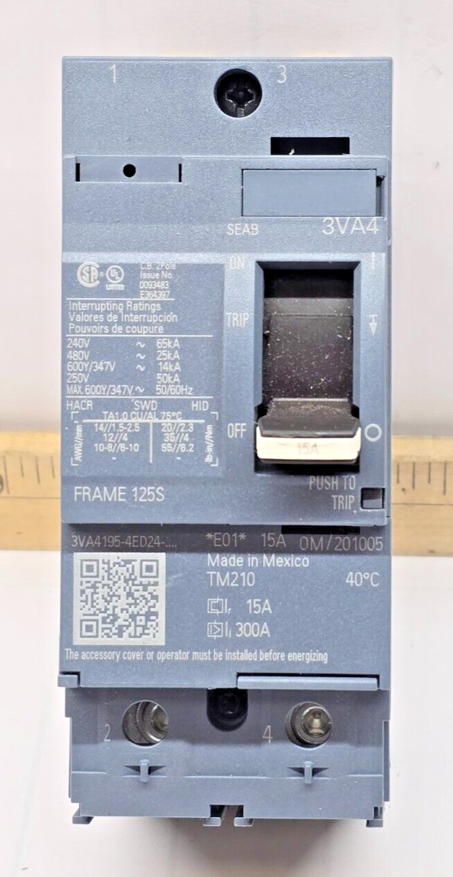 New Siemens 15 Amp Bolt-On Circuit Breaker 480 VAC 2 Pole 3VA4195-4ED24-0AA0