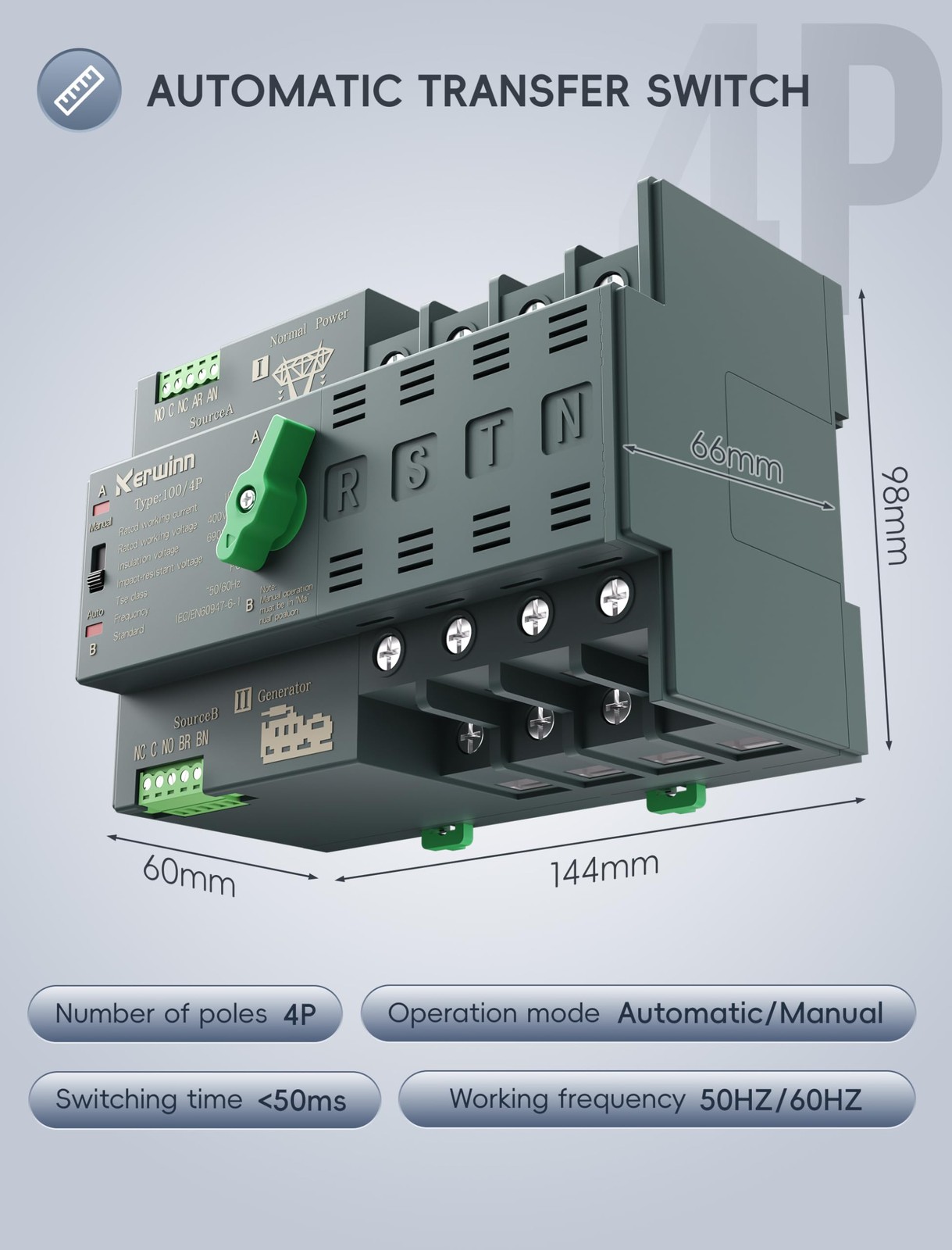 KERWINN Mini ATS Automatic Transfer Switch 100 amp Manual Power 4P, Silver