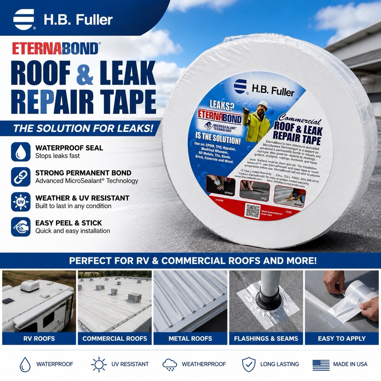 (open box) EternaBond Roof Repair Tape Waterproof RV 4″ x 50» White Seal Tape