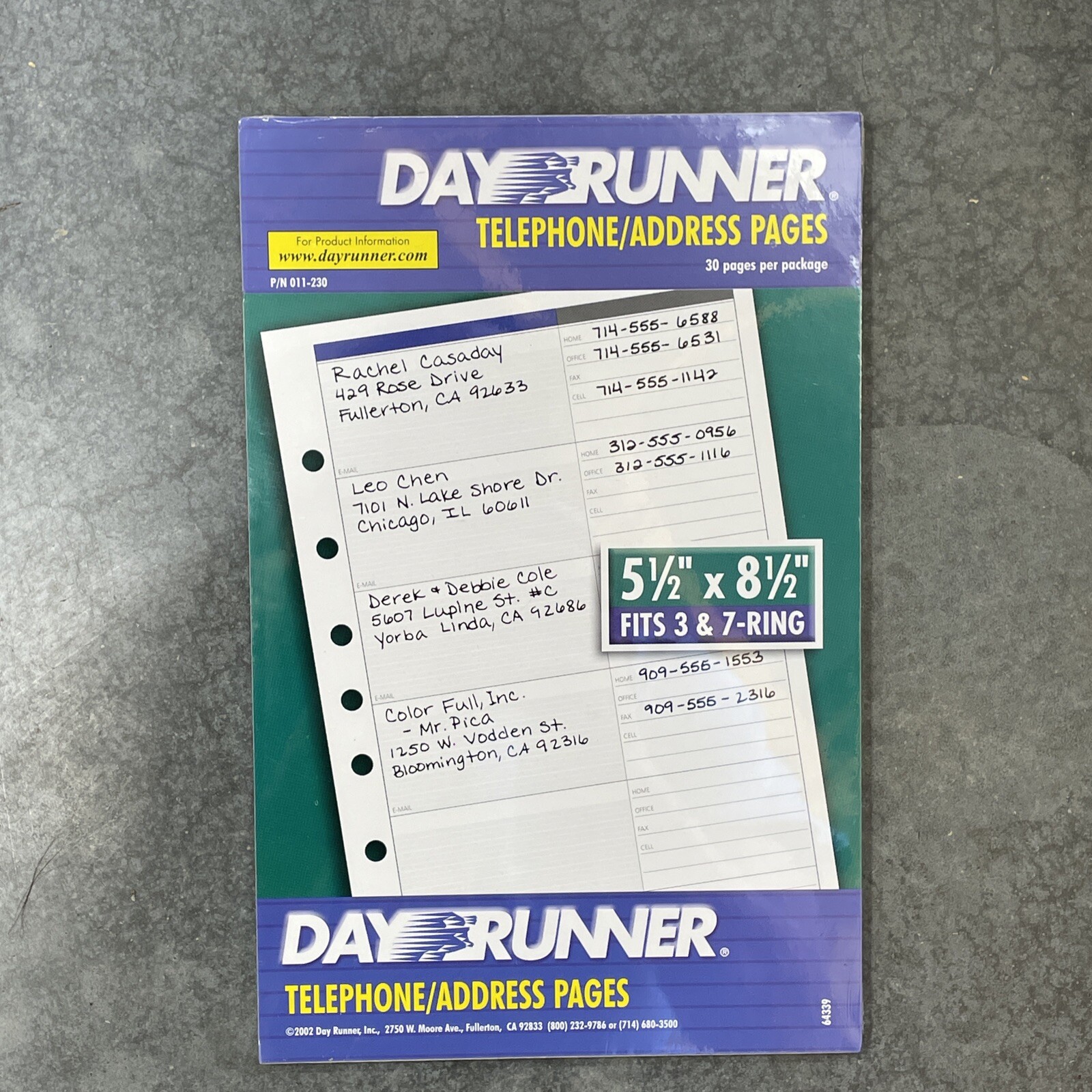 Day Runner Telephone/Address Pages, fits 3 & 7 ring 5 1/2 x 8 1/2 -30 pg New