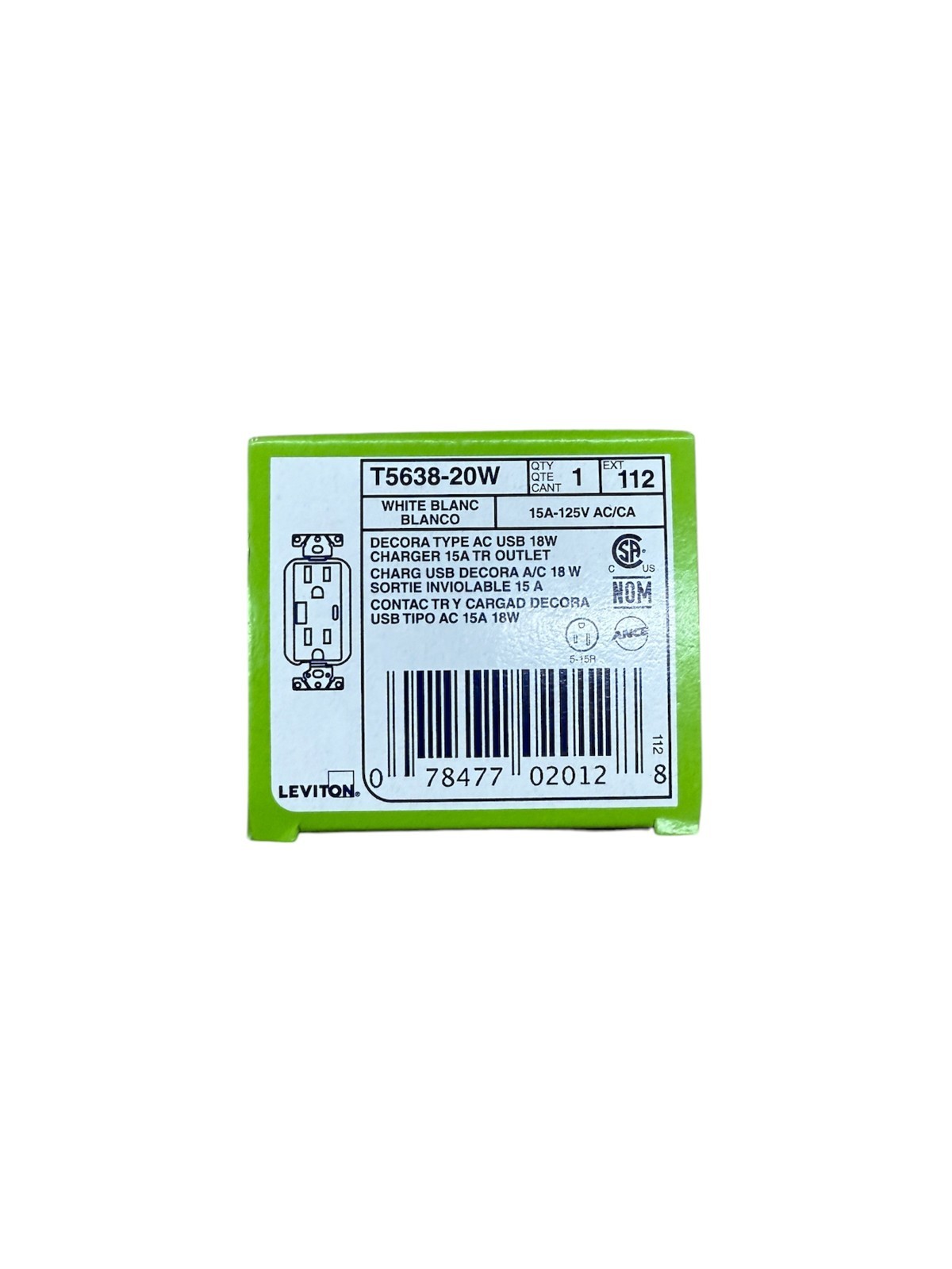 Leviton T5638-20W – 15A – Dual Type-C USB Charger – TR Outlet – White