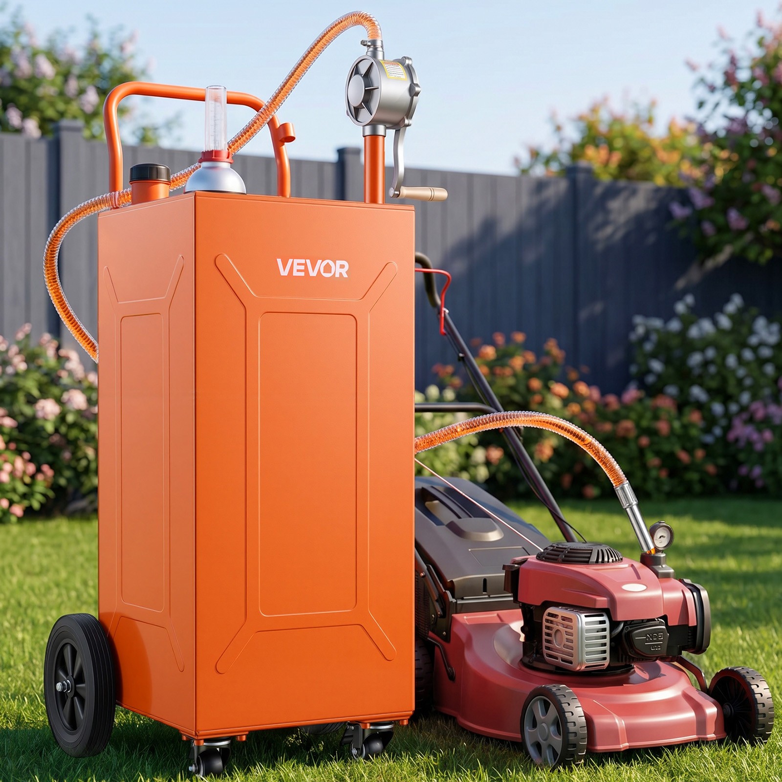 VEVOR 35 Gal Fuel Gas Caddy Portable Storage Tank Manual Pump 4 Wheels Orange