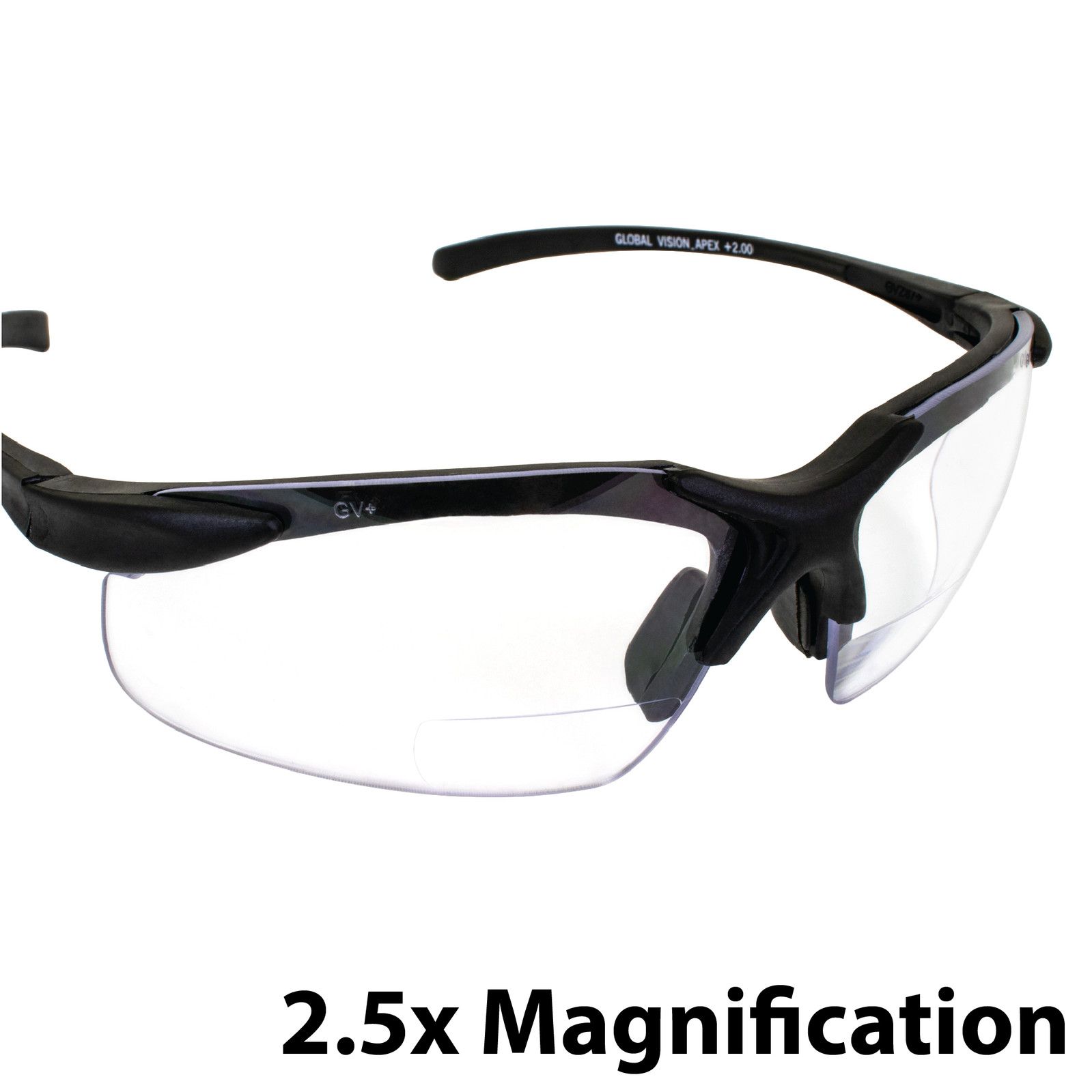 Apex Bifocal Safety Glasses 2.5 CLEAR Shatterproof Lenses Black Frame Z87.1