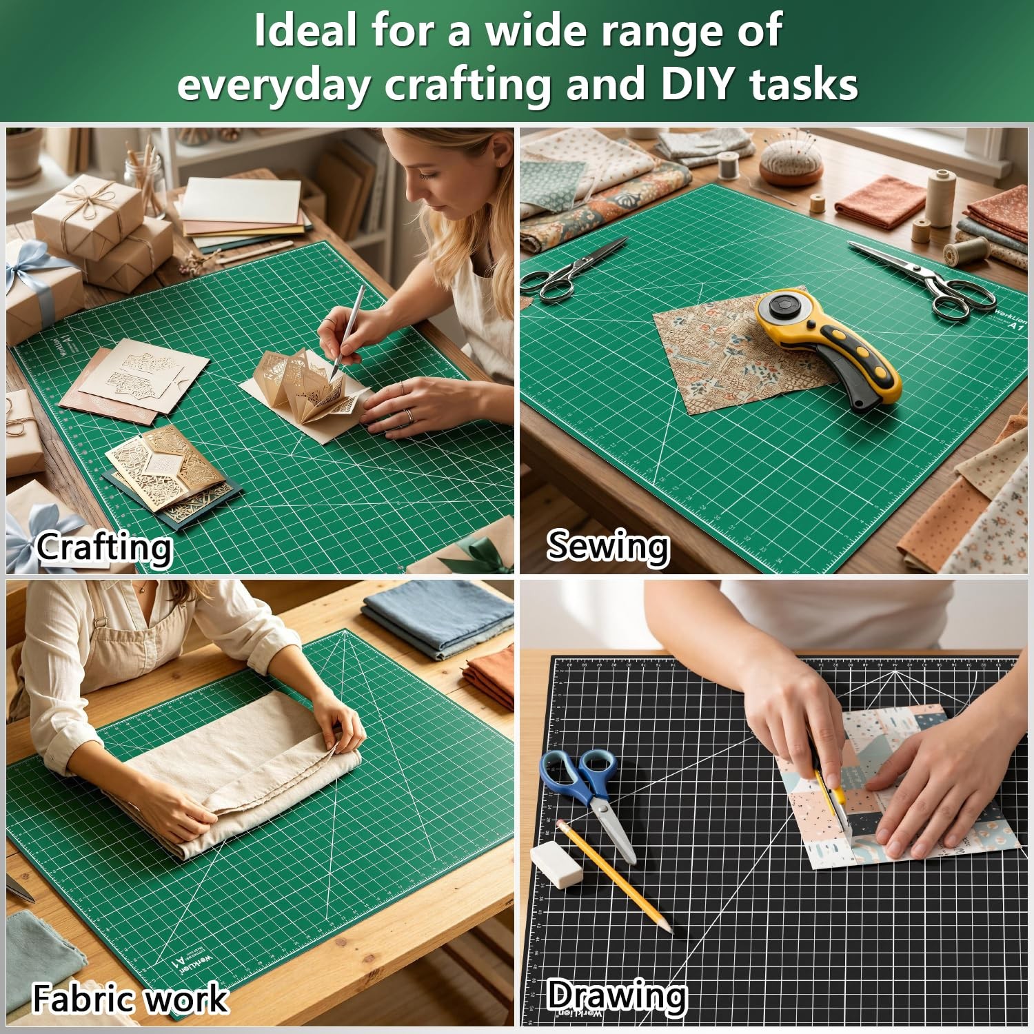 WORKLION Self Healing Cutting Mat: 24 x 36 inch 36″L x 24″W, Black/Green