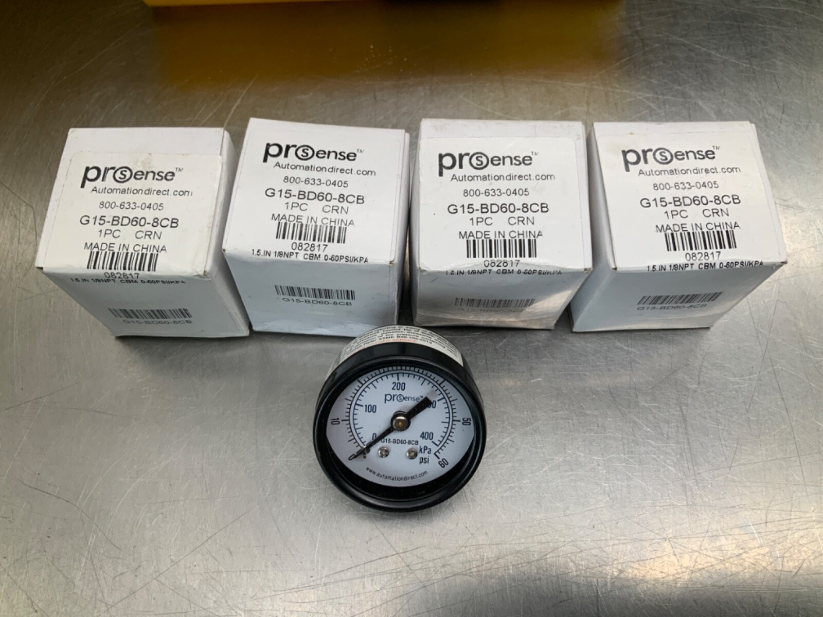 (4) Prosense G15-BD60-8CB mechanical pressure gauge, 1.5in diameter, 0 to 60 psi
