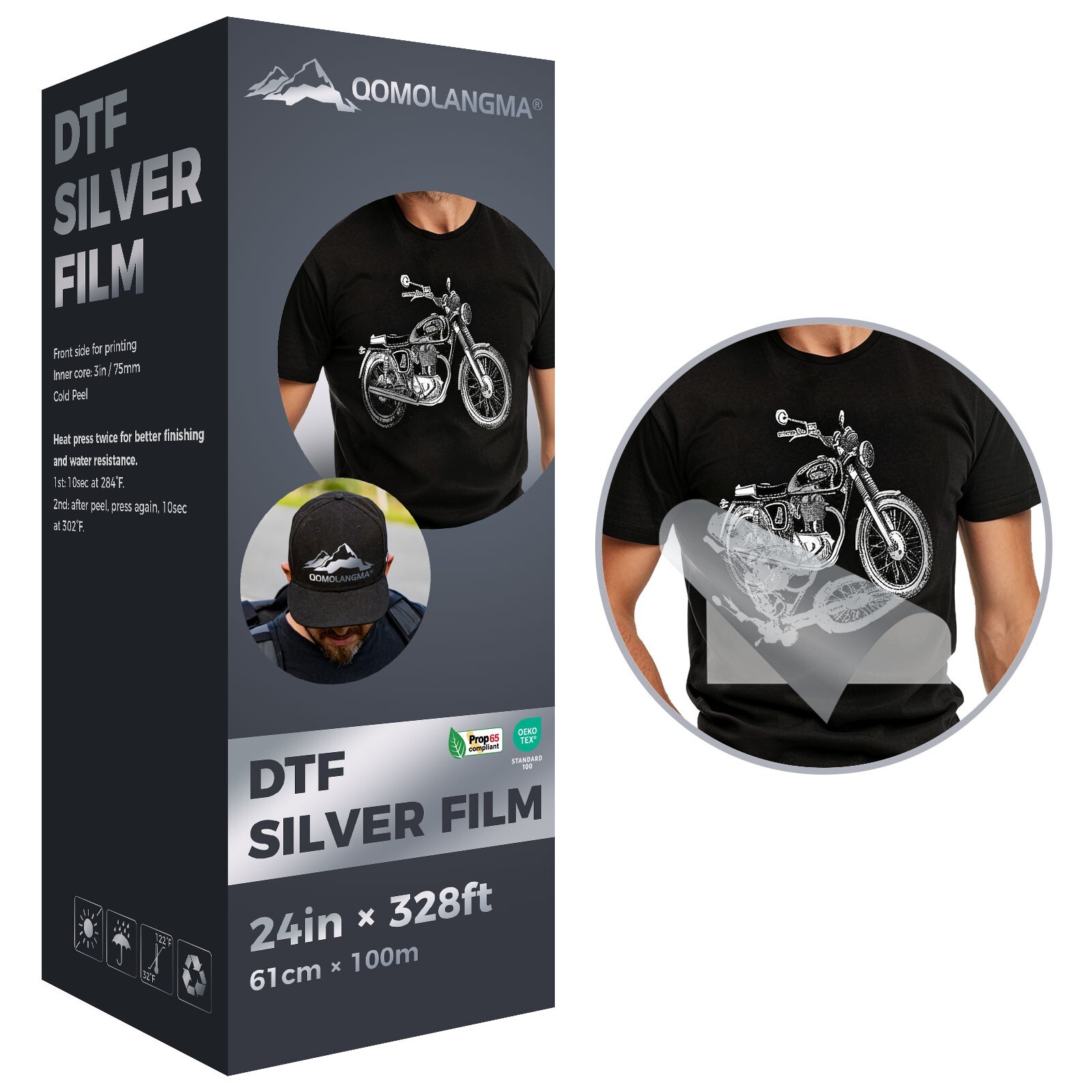 US Stock QOMOLANGMA 24inx328ft Silver DTF Transfer Foil Film Cold Peel for Cloth