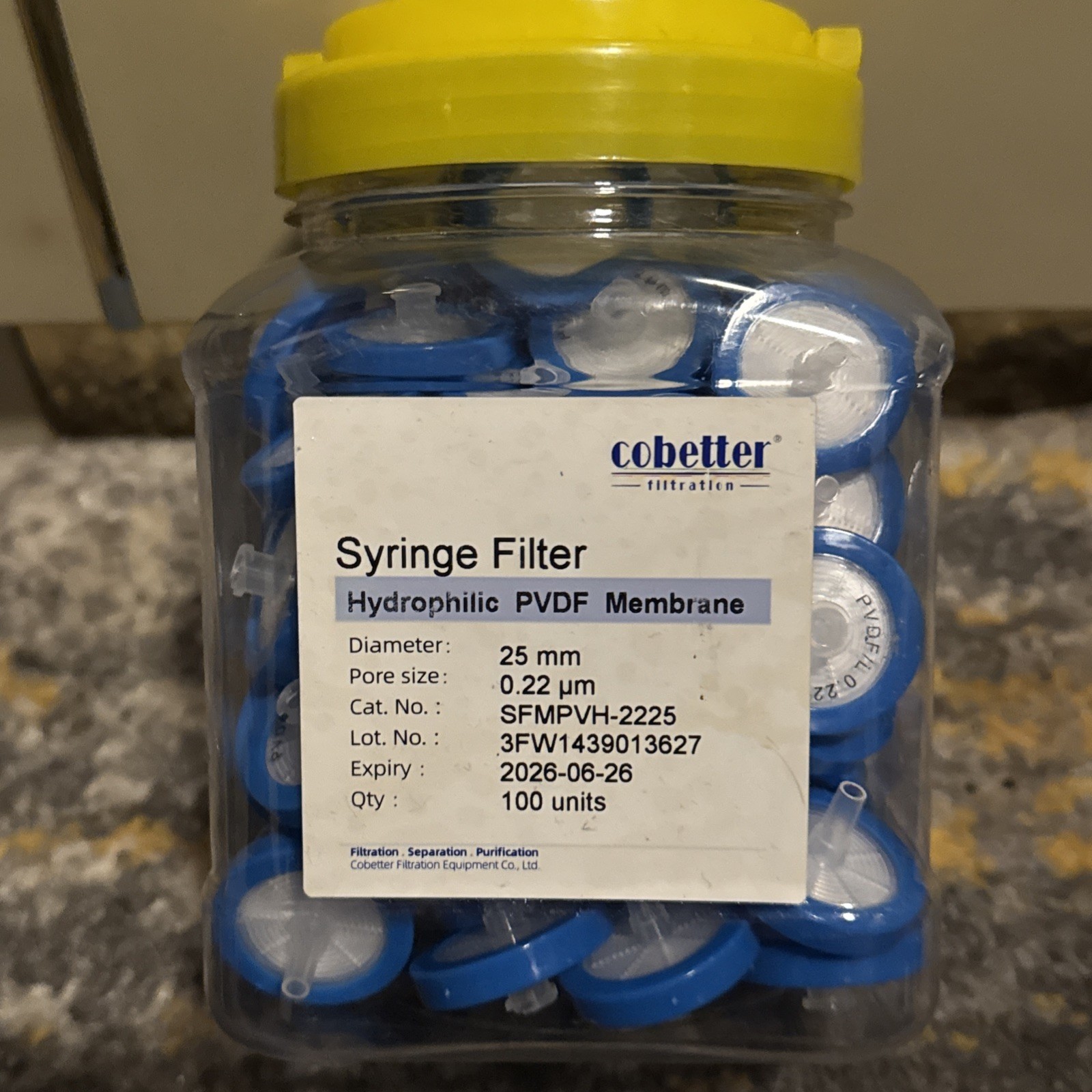 100 Pcs. PVDF MEMBRANE Syringe Lab Filters 0.22um Pore Size 25 mm Hydrophilic