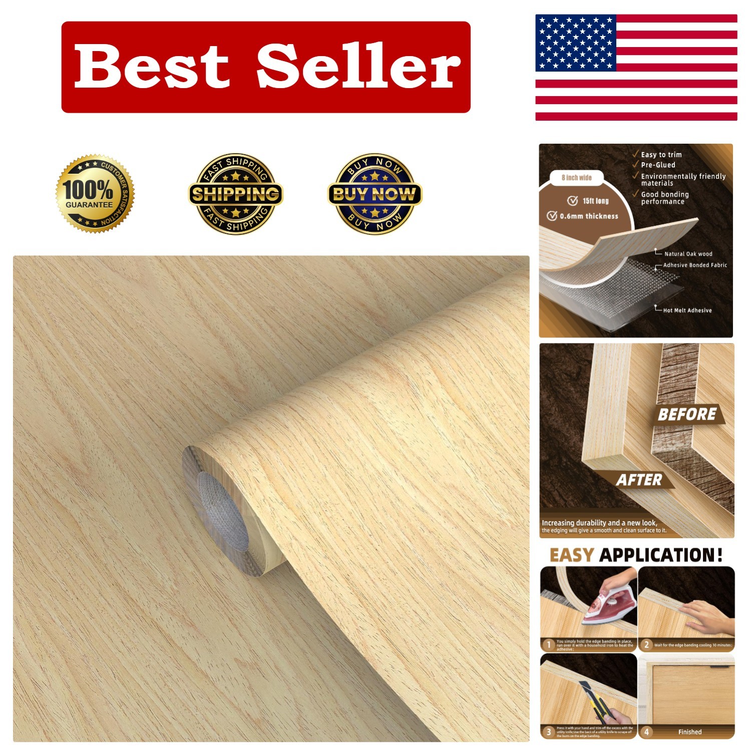 Oak Edge Banding 8″ x 15ft – High-Quality Pre-glued Veneer Tape for DIY Projects
