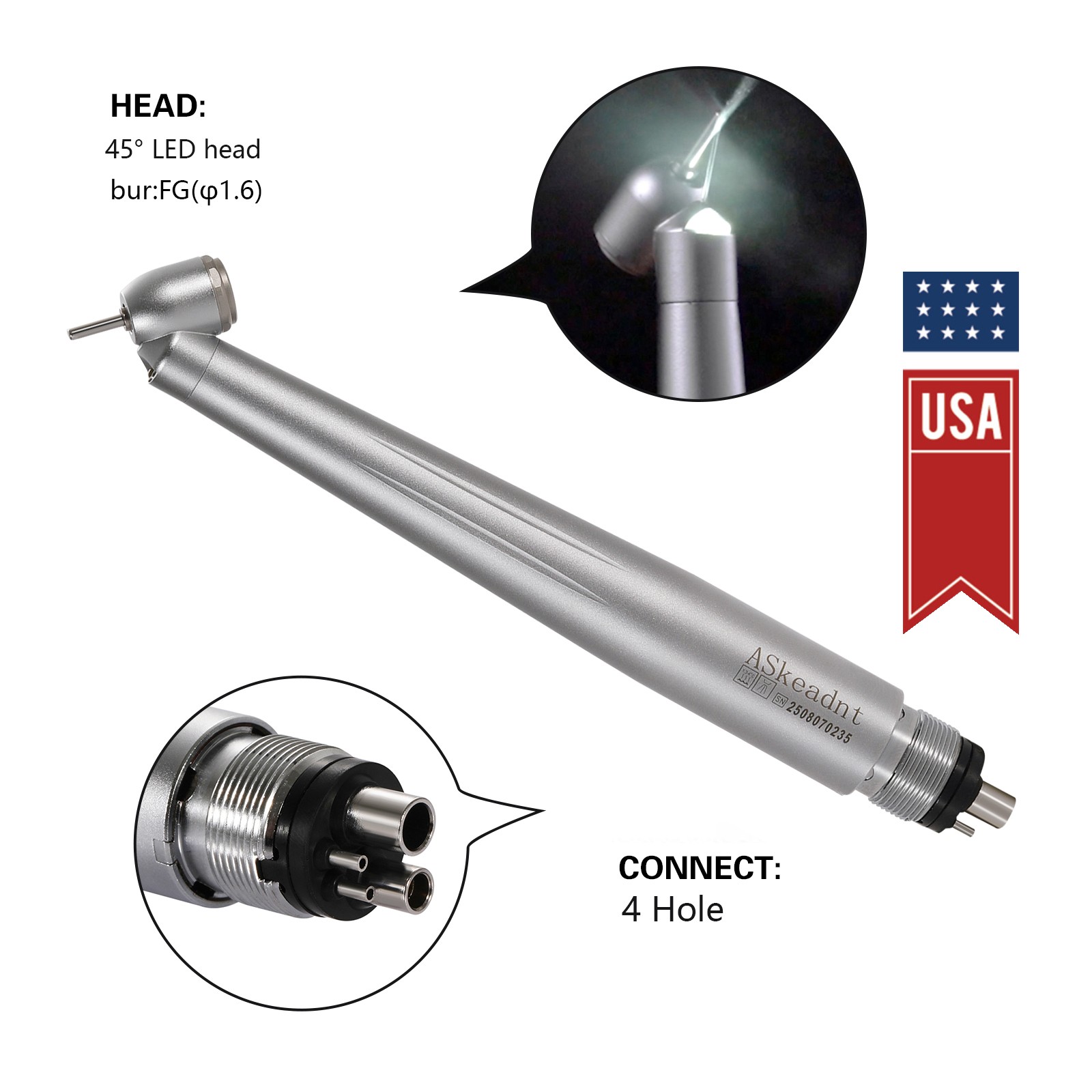 Dental 45 Degree 45° Angle LED E-generator High Speed Handpiece 4 holes ASkeadnt