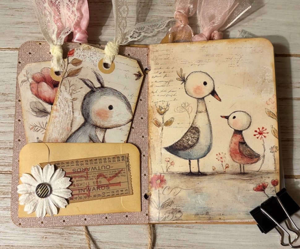 Junk Journal Handmade Booklet Book Vintage «Cute Animals» Pockets, Ephemera b