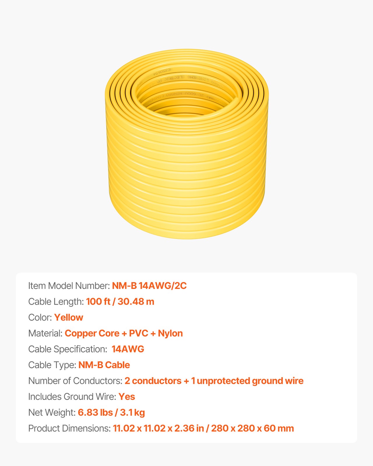 VEVOR NM-B Wire 14AWG/2C Copper Core Cable 100 ft Electrical Wire with Ground