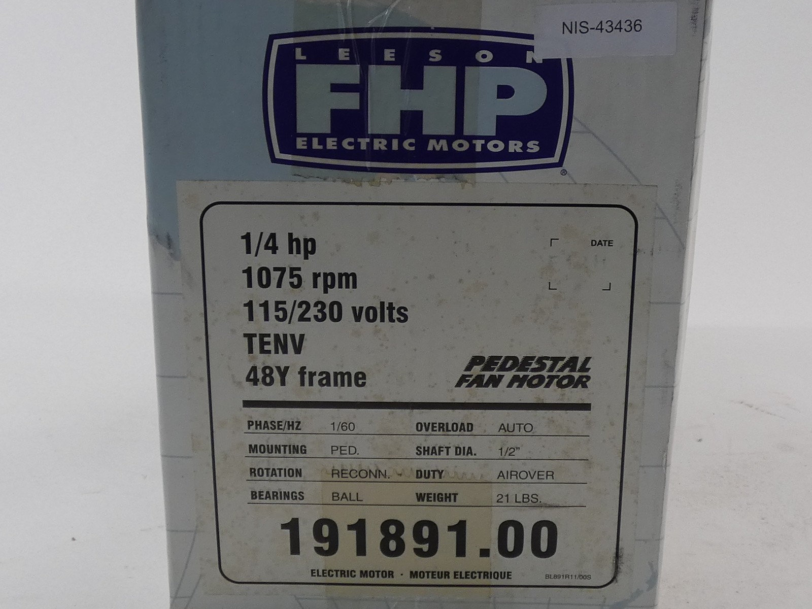 1/4HP FHP Leeson 191891.00 Pedestal Fan Motor 1075RPM 1PH 48Y TENV – NEW Surp…