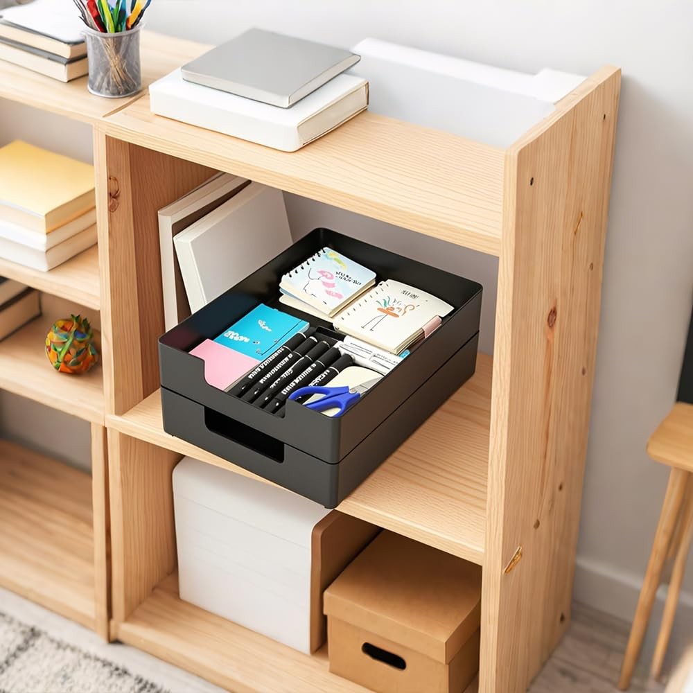 Letter Size Stackable Desk Drawer Organizer Tray, Plastic Paper Holder, Black