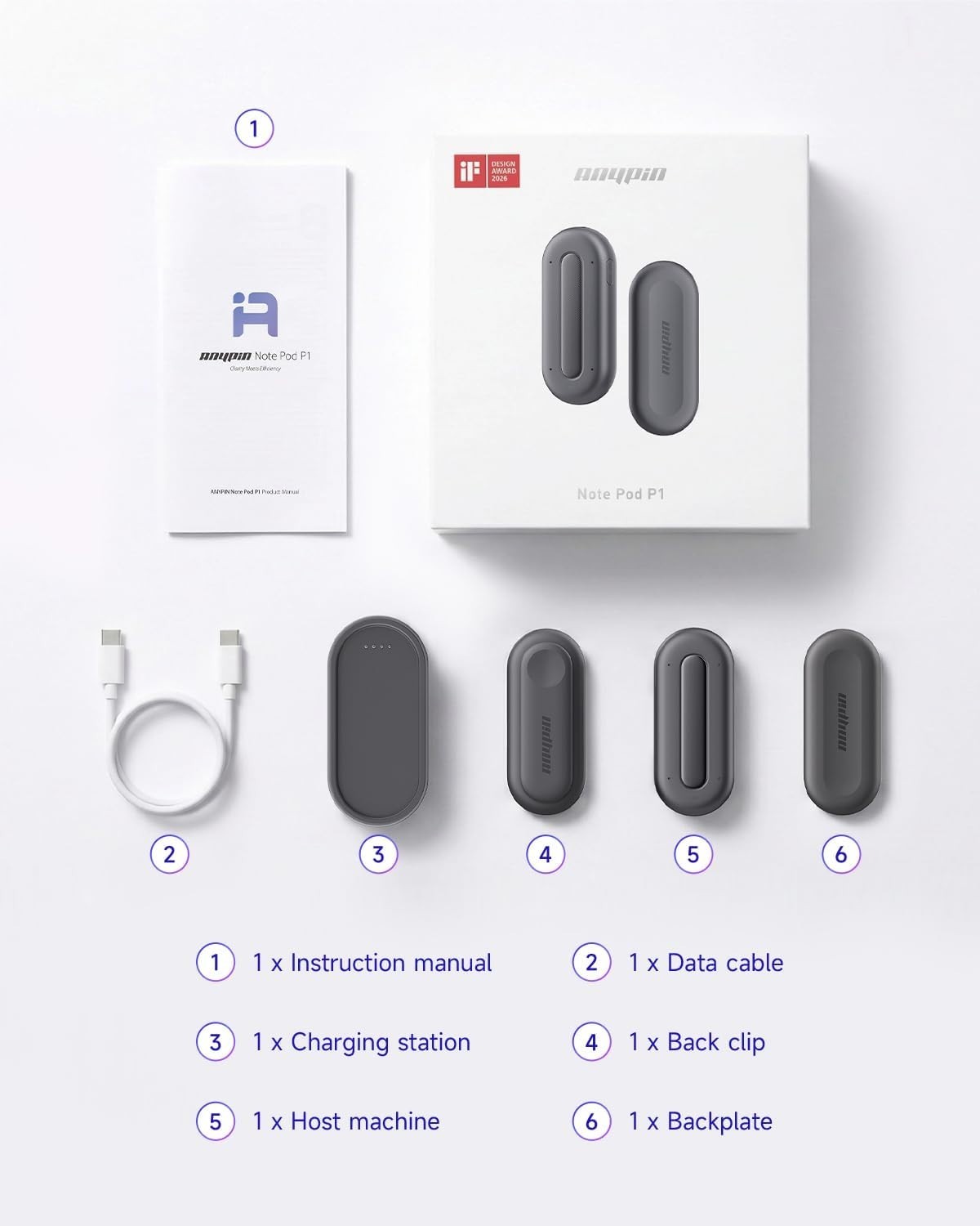 Anypin Wearable AI Voice Recorder 64GB Transcribe 120+ Languages Cosmic Blue