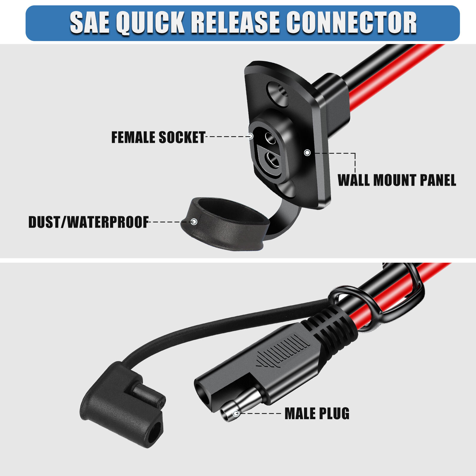3 pcs 12AWG SAE Adapter Male Plug to Female Socket Cable Quick Connector Harness