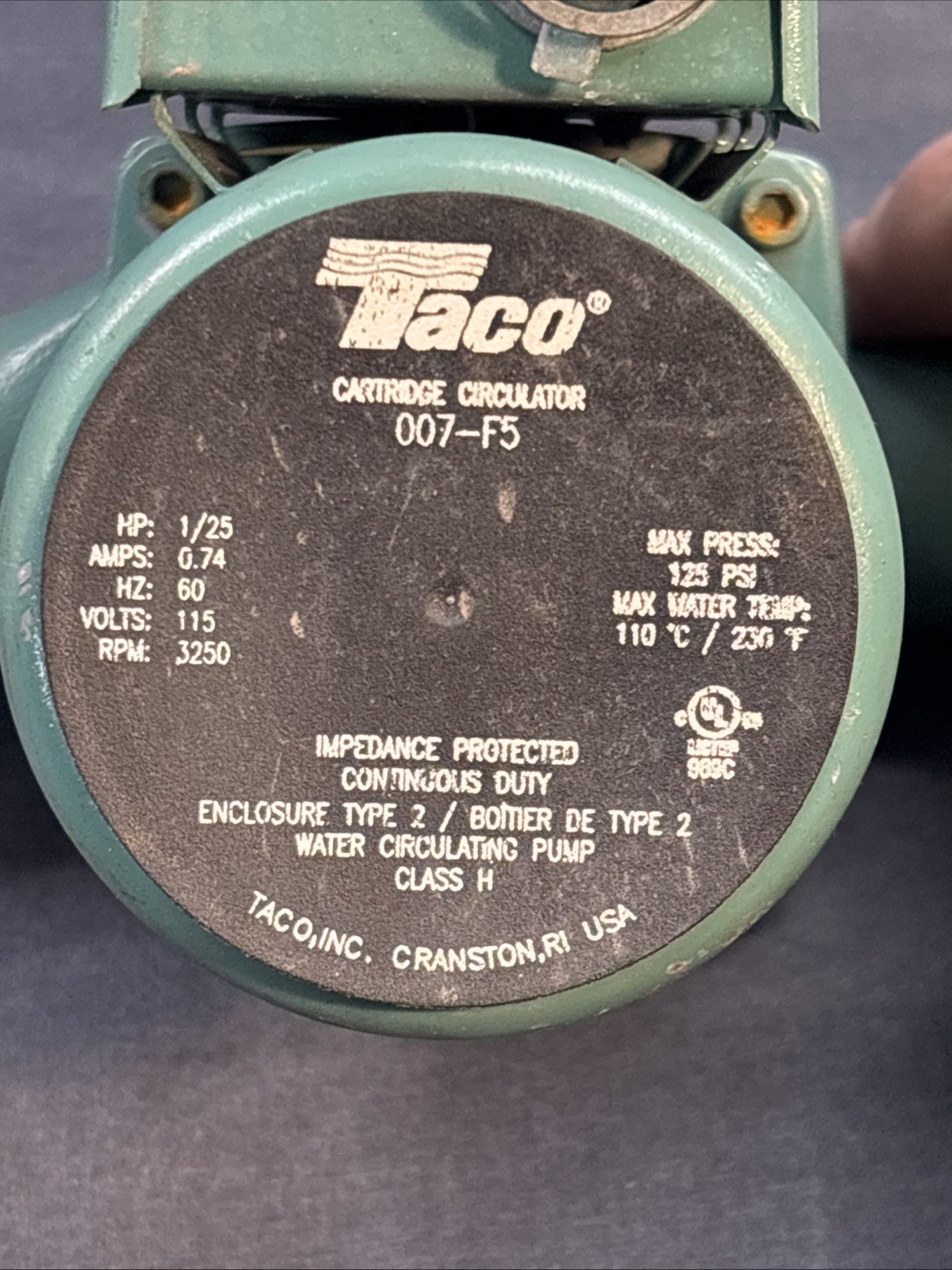 Taco 007-F5 Cast Iron Cartridge Circulator, 1/25 HP, USED