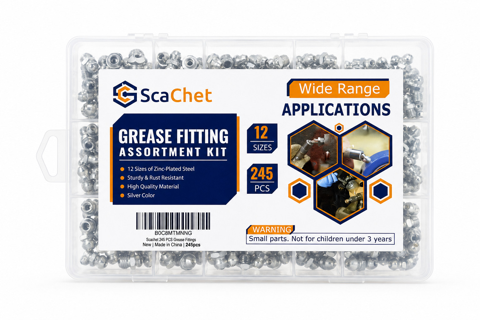 Grease Fitting Assortment Kit 245pcs 12 Sizes SAE Metric Zerk Fittings Steel