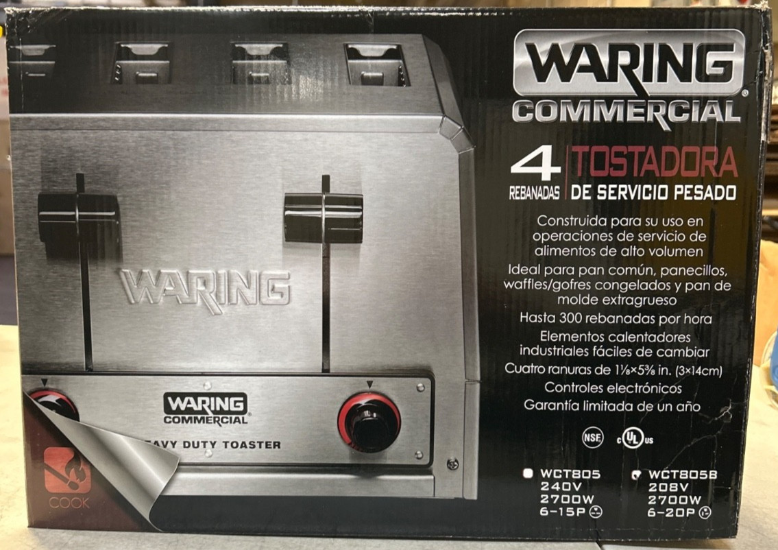 Waring Commercial Heavy-Duty 4-Slot Toaster, 208 Volt, WCT805B, New in Box