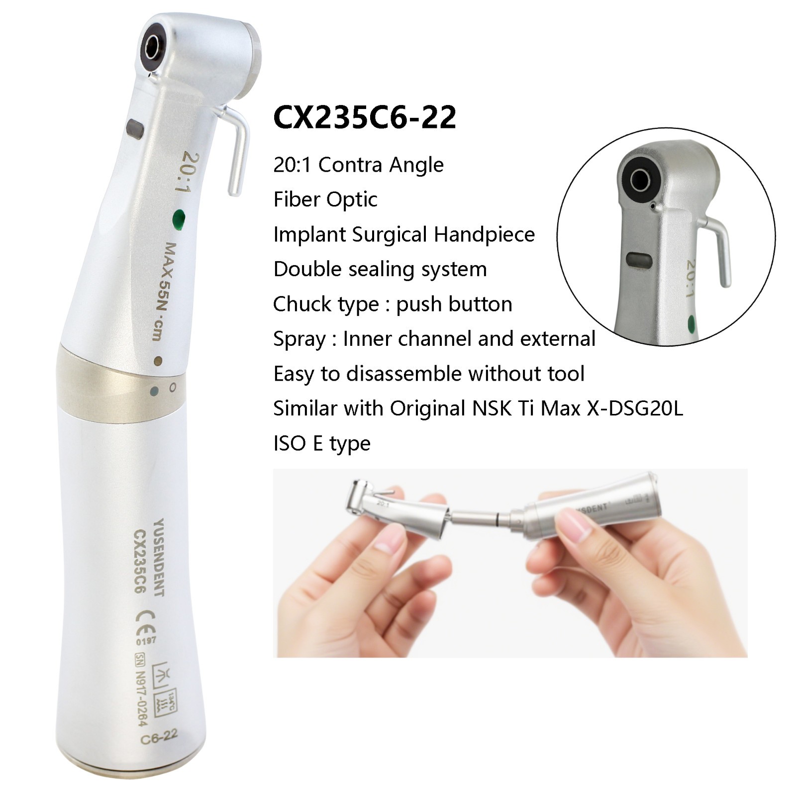 COXO Dental Surgical Handpiece 20:1 Implant Contra Angle 1:1 Straight Attachment