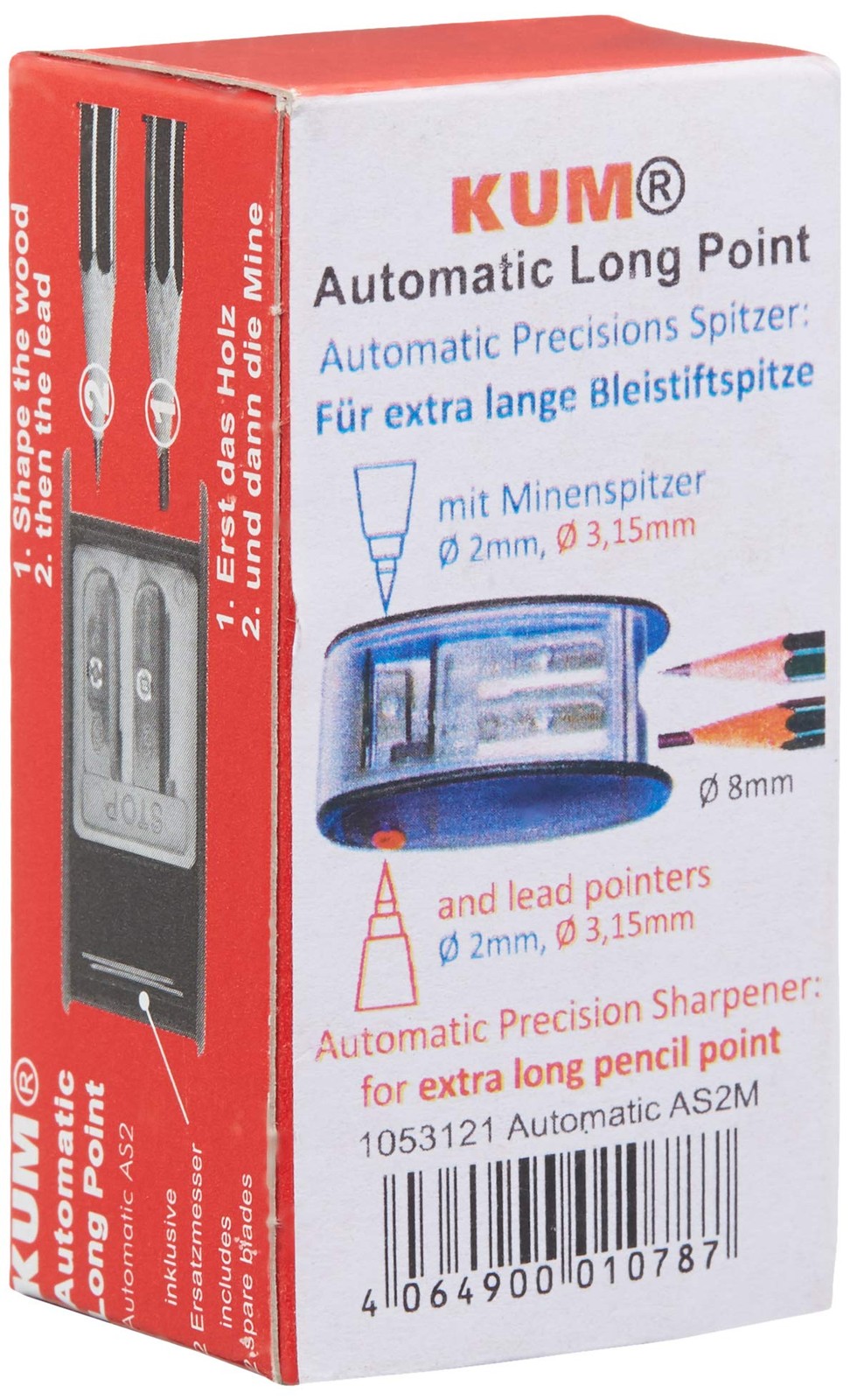 Long Point Pencil Sharpener With Container 2 Spare Blades 2mm 3.2mm Blue