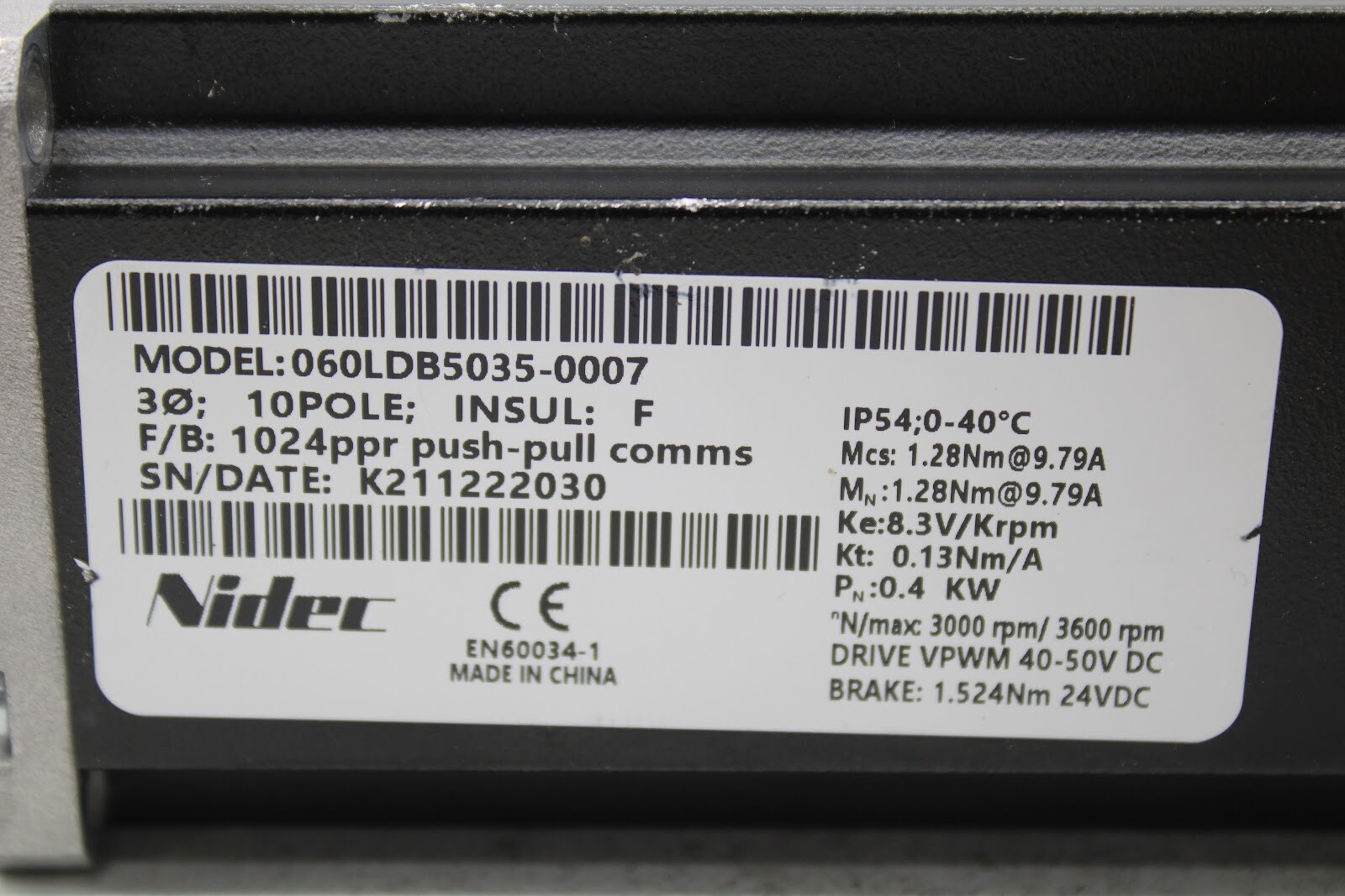 Nidec 060LDB5035-0007 10Pole; Insul: F F/B: 1024ppr Push-Pull Comms Motor